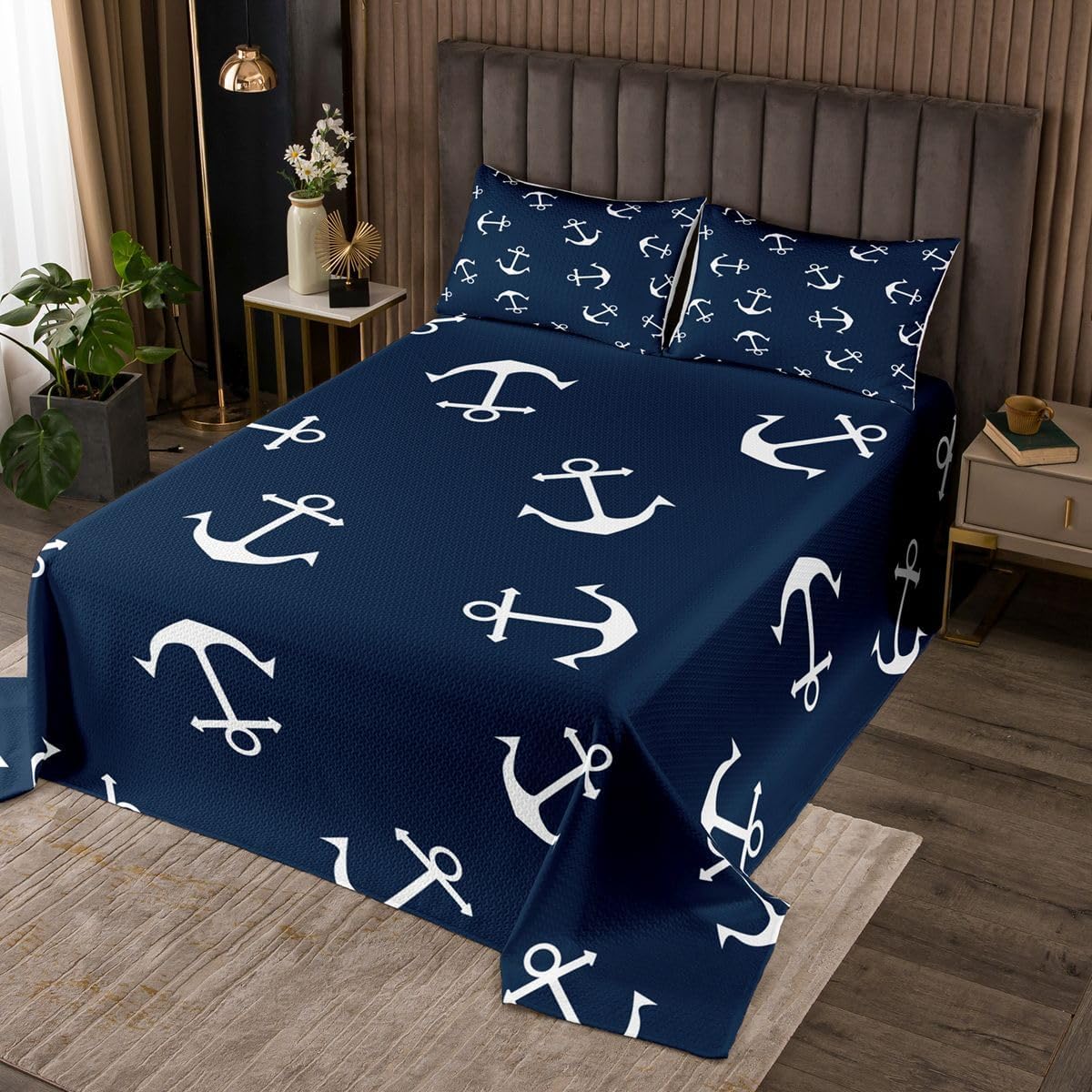 Feelyou Ocean Nautical Bedspread 2Pcs Anchor Bedding Quilt Set Sea Adventure Coverlet Soft Luxury Quilted Twin Size,Navy Blue