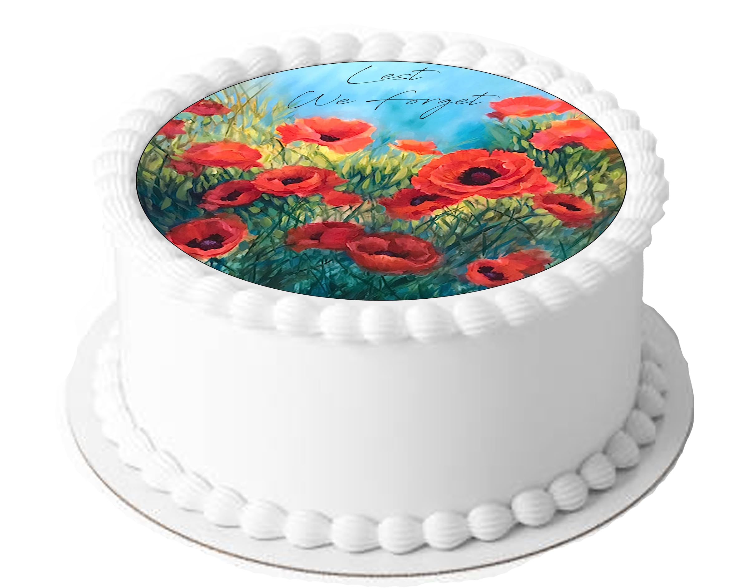 Remembrance Day Red Poppy Lest We Forget 7.5 inch Circle on Decor Icing Sheet Edible Cake Topper - Perfect for Decorating Larger Cakes