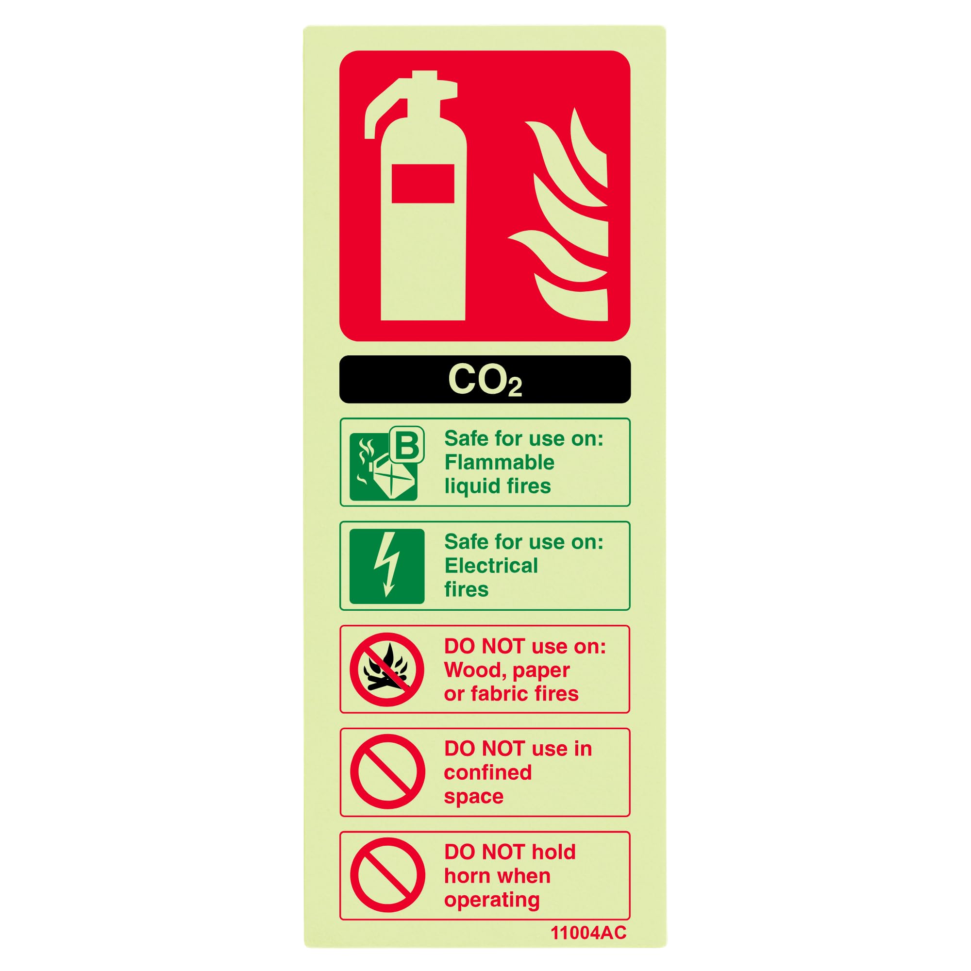 V Safety 11004AC-G Glow In The Dark Co2 Id Fire Extinguisher Sign - 75mm x 200mm - Rigid Plastic, Black/Green/Red