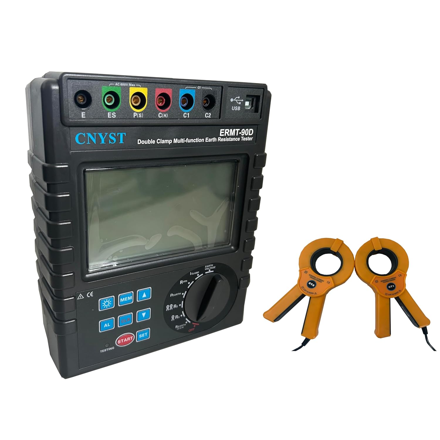 Double Clamp Earth Resistance Tester Ground Resistance Tester with Soil Resistivity 0.01Ωm～9000kΩm DC Resistance 0.01Ω~30.00kΩ Grounding Voltage 0.1V to 100.0V Data Storage 2000 Group