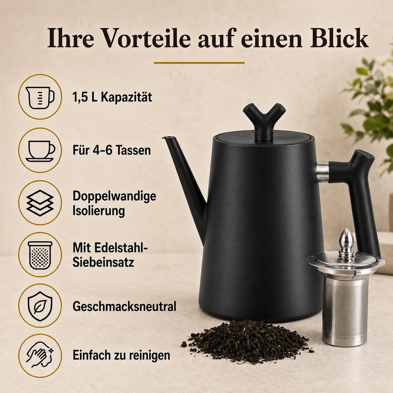 Teekanne mit Siebeinsatz 1.5 L - Teekanne Edelstahl Doppelwandig Schwarz Isolierkanne für Losen Tee Kräutertee und Kaffee - 100% Tropffrei Hitzebeständiger Griff für alle Herdarten