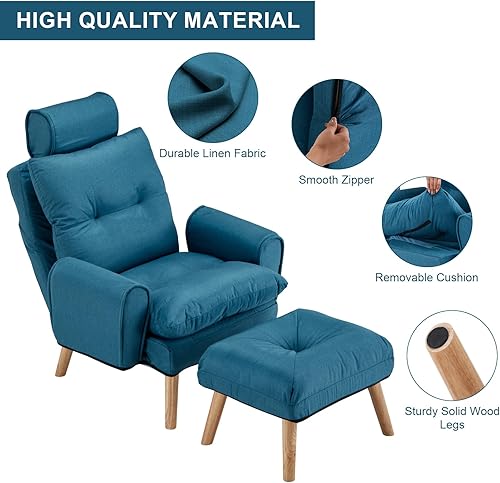 Miniatura 5 de TUKAILAI Silla decorativa moderna con otomana, sillón tapizado de tela de lino con respaldo ajustable, cómodo sofá con reposapiés para sala de estar