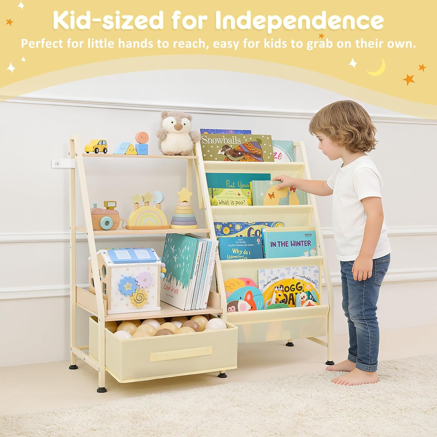 Fabuday Kids Bookshelf and Toy Storage Organizer - 4 Tiers Toddler Baby Sling Book Shelves for Kids Room, 3 Tier Montessori Childrens Bookcase for Nursery, Playroom, Classroom, Small Spaces - Image 6