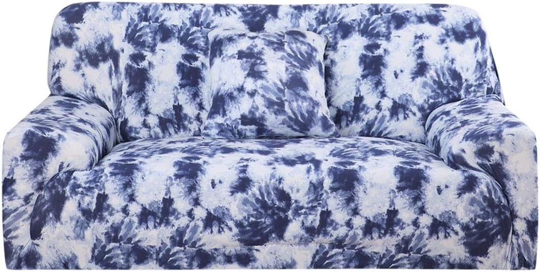 uxcell Stretch Sofa Cover Tie-dye Craft Graffiti Printed Couch Slipcovers Elastic Furniture for Sofas Armchair with One Pillowcase Blue X-Large