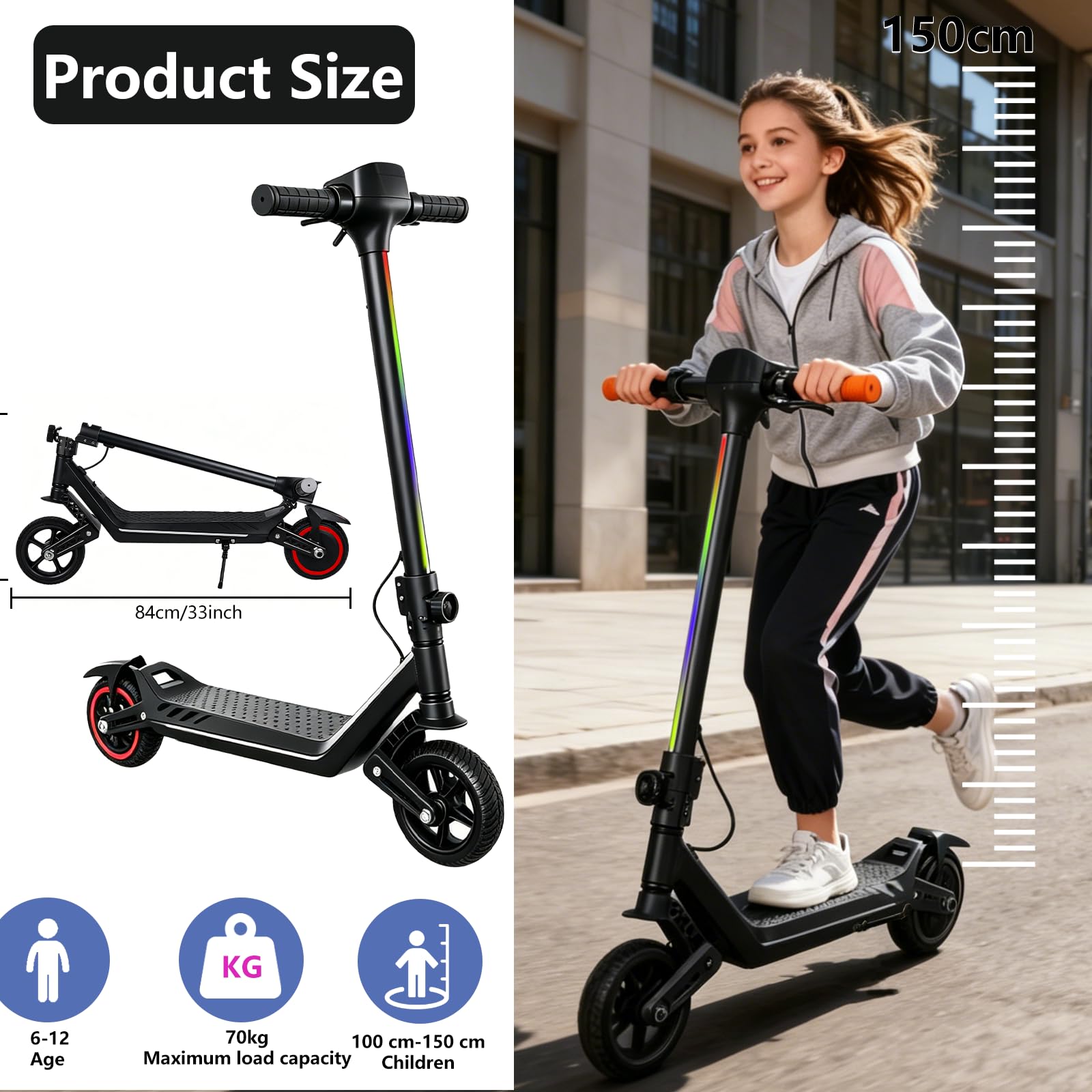 Monopattino elettrico per bambini, doppia sospensione, con luci arcobaleno colorate e indicatore LED, portata di 12 km, regalo per ragazzi e ragazze dai 6 anni in su (nero)