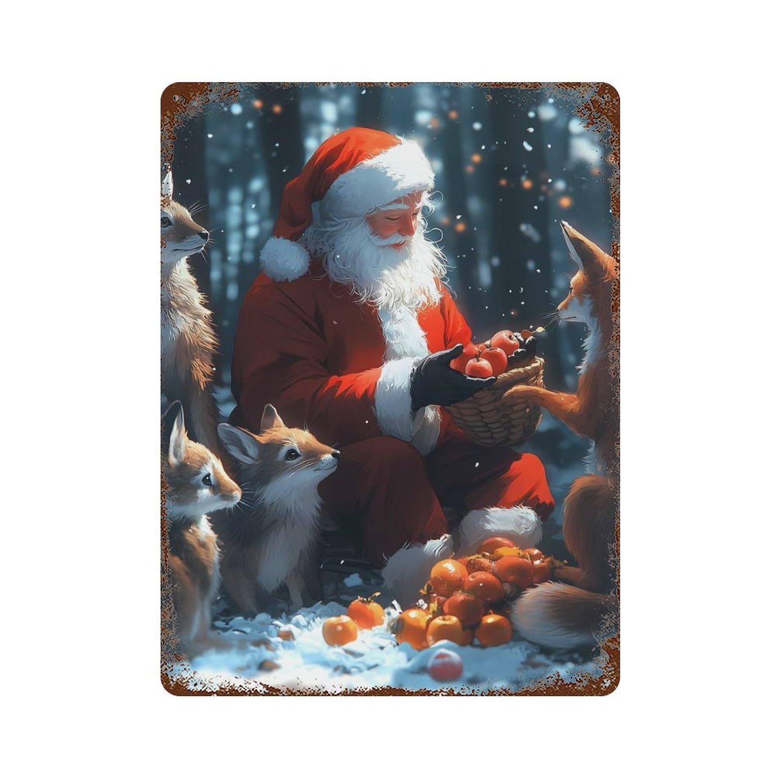 Santa Claus with Foxes Christmas Retro Metal Sign 15.7"x11.8", Vintage Wall Decor for Garage, Pub Or Kitchen
