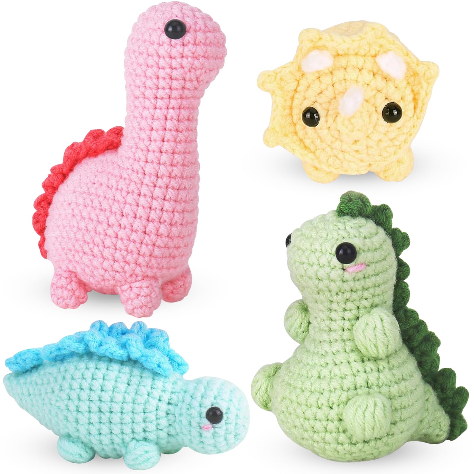 Dremisland Dinosaur Crochet Kit for Beginners 4 Pack Crochet Animal Kits for Adult DIY Punch Needle Kit Beginner Crochet Kits Knitting Kit Craft Gifts with Step-by-Step Instruction Video