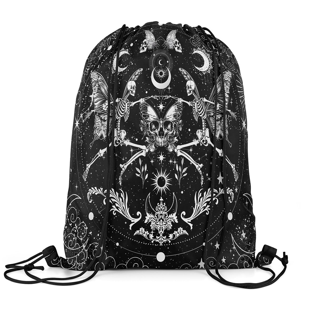 Loussiesd Sugar Skull Drawstring Backpack 40x33cm for Gothic Skull Drawstring Bags Halloween Themed Sports Drawstring Sackpack Decor Boho Death Moth Waterproof Cinch Bag