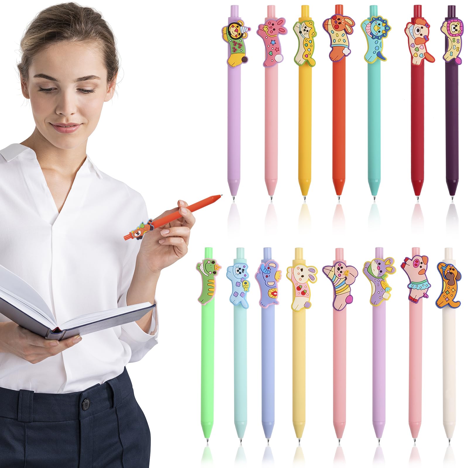 Leery 24 szt. uroczych kreskówkowych zwierzęcych żelowych długopisów z czarnym atramentem, zabawne kawaii, chowane długopisy do pisania, różne style, nowatorskie długopisy do szkoły, biura, domu