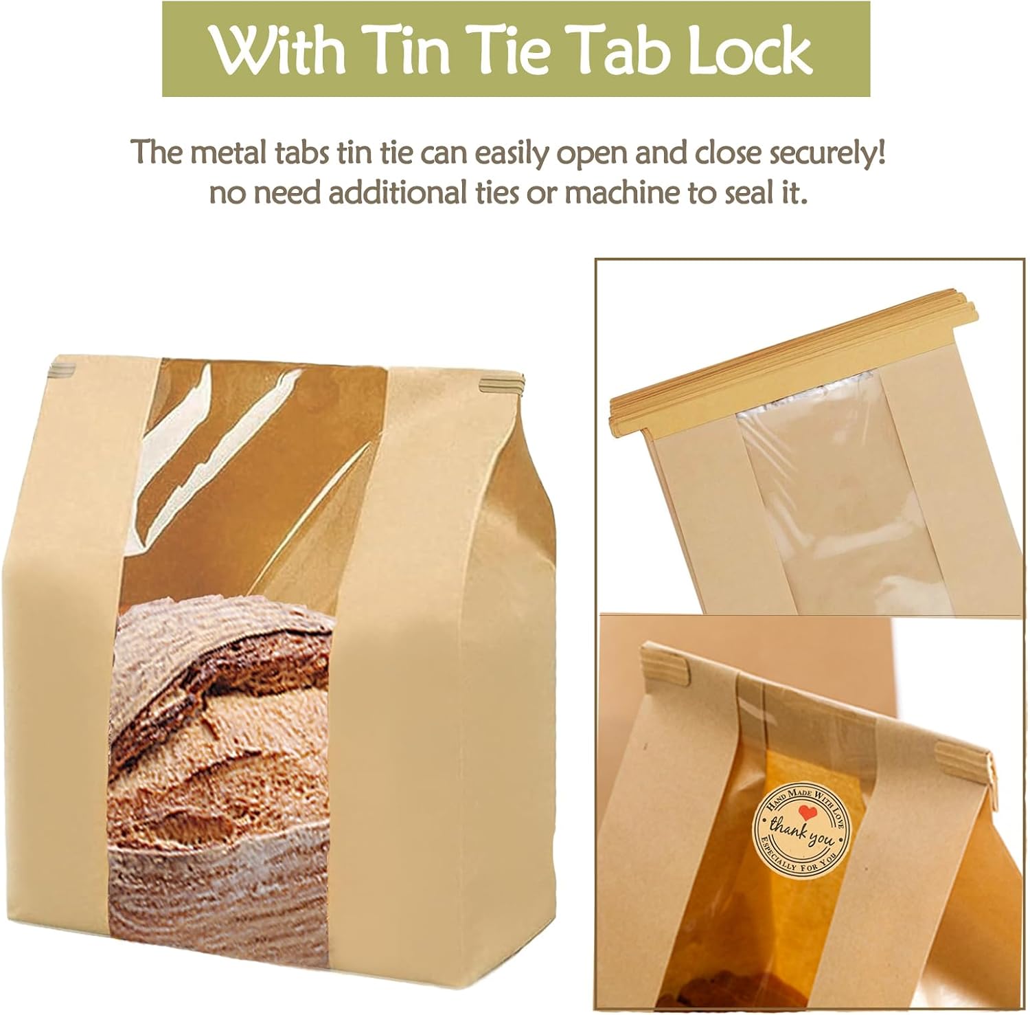 100 Pcs(13.7x8.2x3.5 in) Paper Bread Bags for Homemade Bread, Sourdough Bread Bags with Window, Sourdough Storage Bags for Bread Packaging includes 500 Cute Seal Stickers