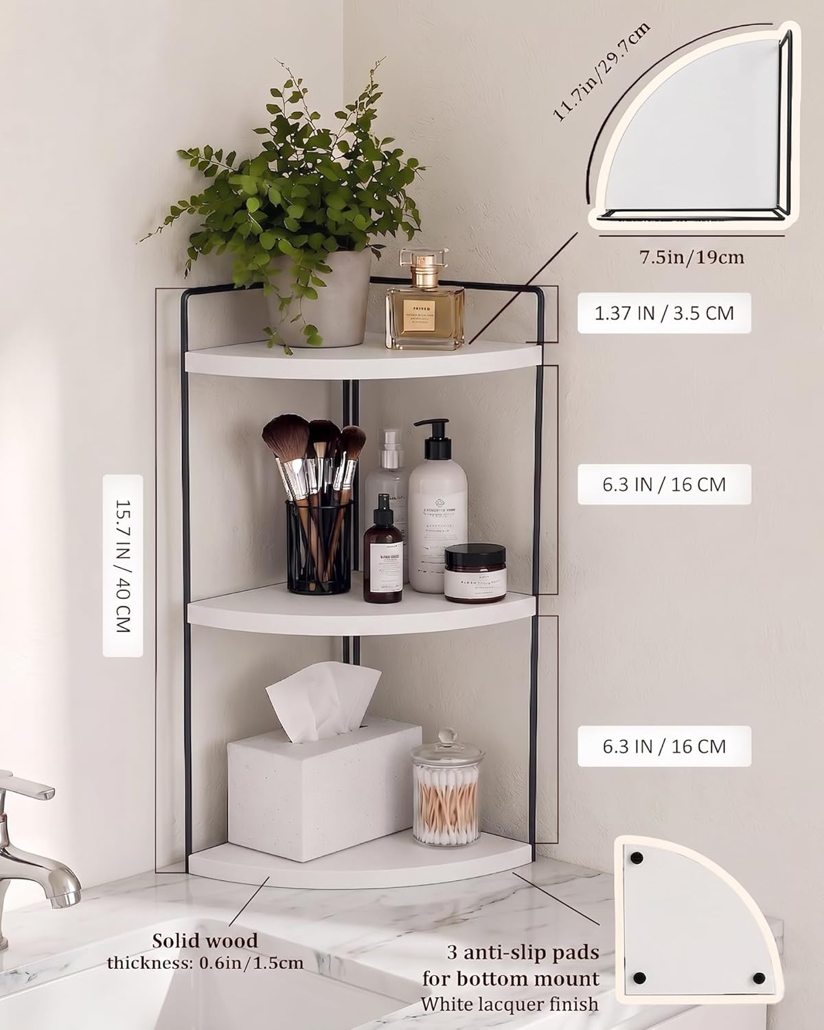 Corner Bathroom Countertop Organizer, 3-Tier Corner Shelf for Vanity & Bathroom Counter, Rustic Wood Standing Rack for Cosmetics & Skincare, Space Saving Storage for Toiletries, Sturdy Metal, White