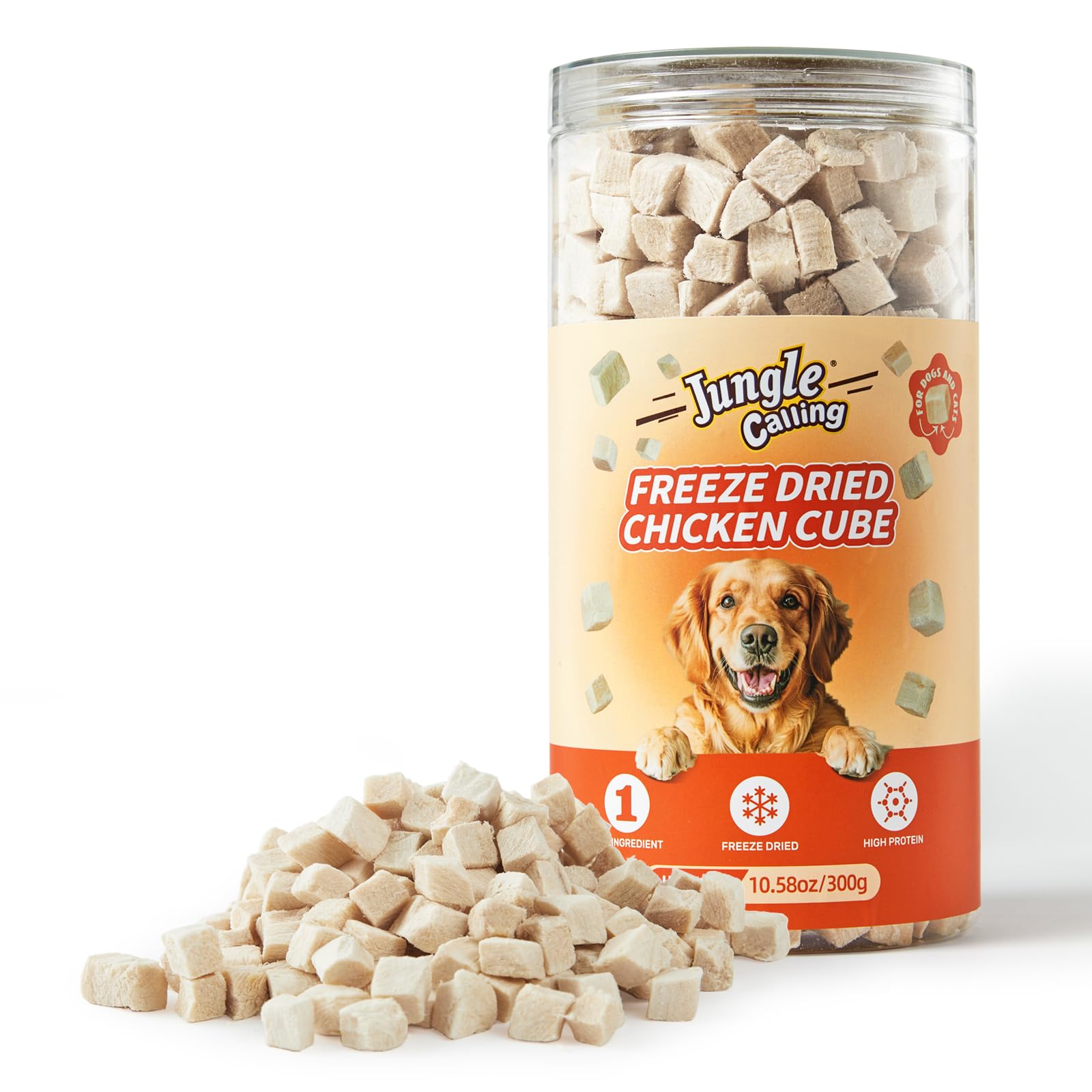 Jungle Calling Freeze Dried Chicken Cat & Dog Treats, Single Ingredient Chicken Bites for Cats & Dogs, High Protein Pet Training Treats, Edible Organic Food Topper, 10.58 oz