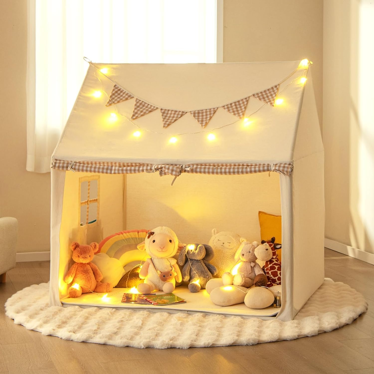 DREAMADE Kinderzelt für Drinnen mit Matte und Lichtern und Flaggenbanner, Kinder Spielhaus Indoor, Tipi Zelt, Spielzelt für Kinder ab 3 Jahren für Kinderzimmer Spielzimmer (Beige)