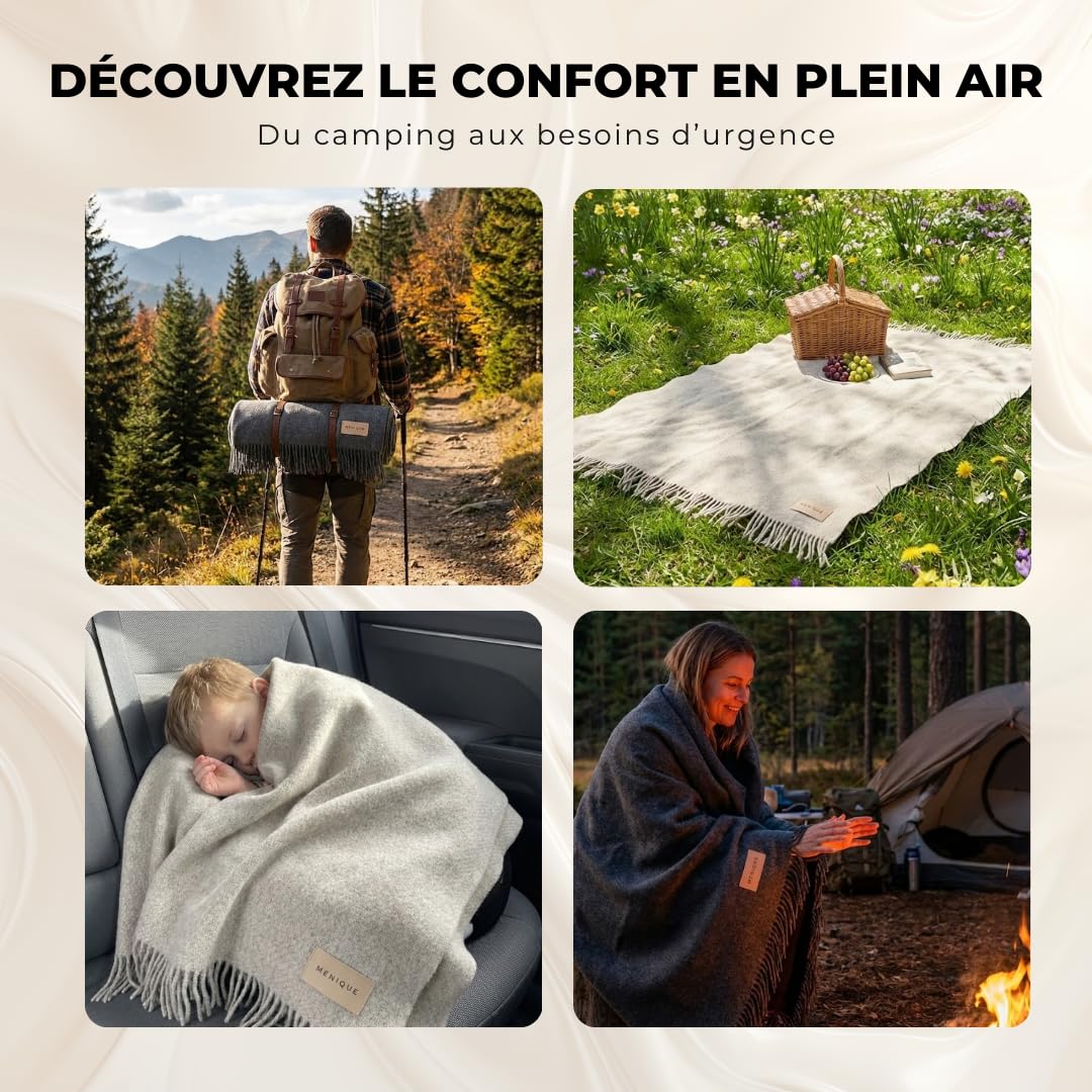 menique Plaid 100% Laine Milan 130x165 cm Beige Couverture en Laine Épaisse Style Automne Jeté Extra Fin et Chaud pour Camping Extérieur Canapé Lit