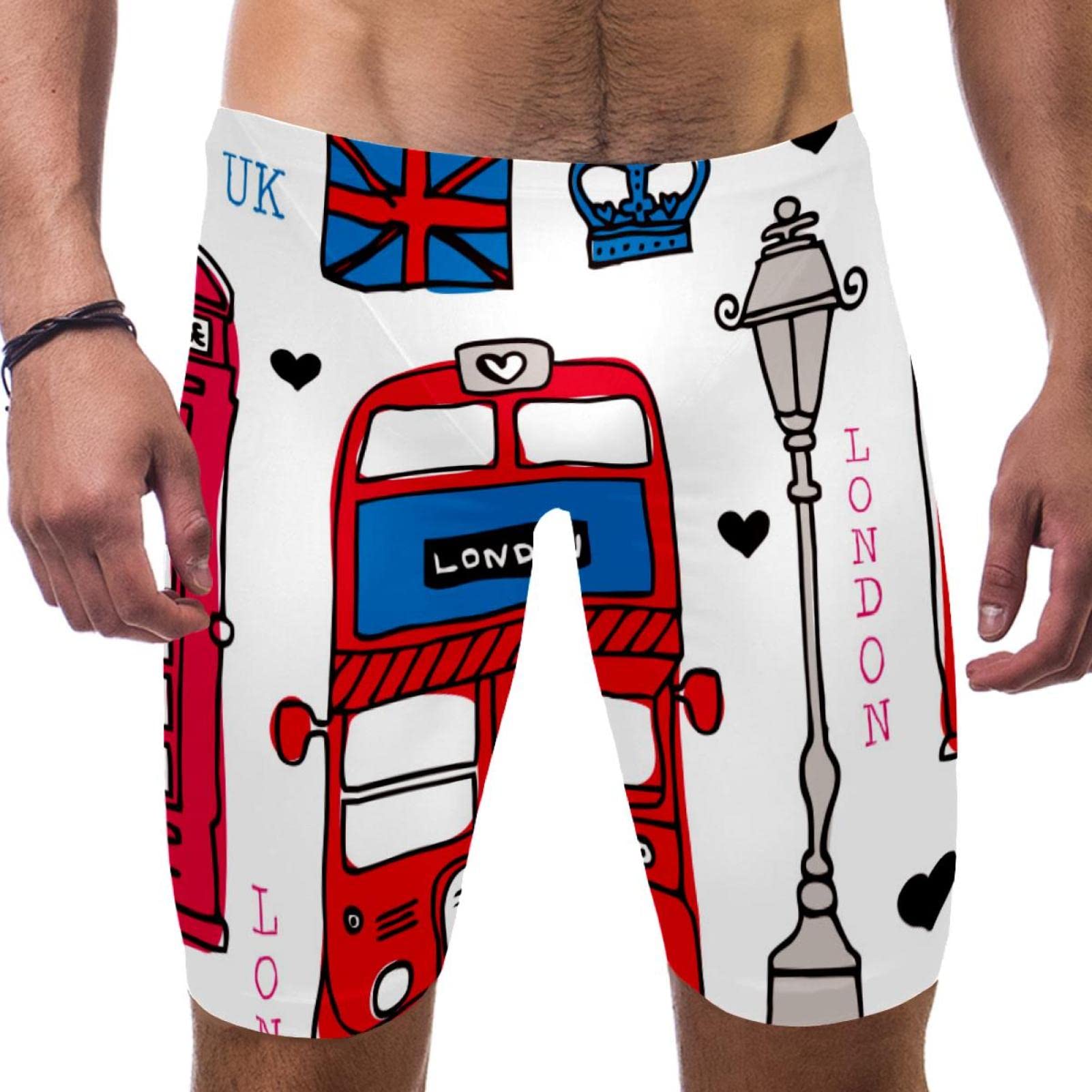 HUI JIN SHOP London Love UK Bus Jammer Swimsuit Mens Swim Jammers Endurance Long Racing Training Swimsuit
