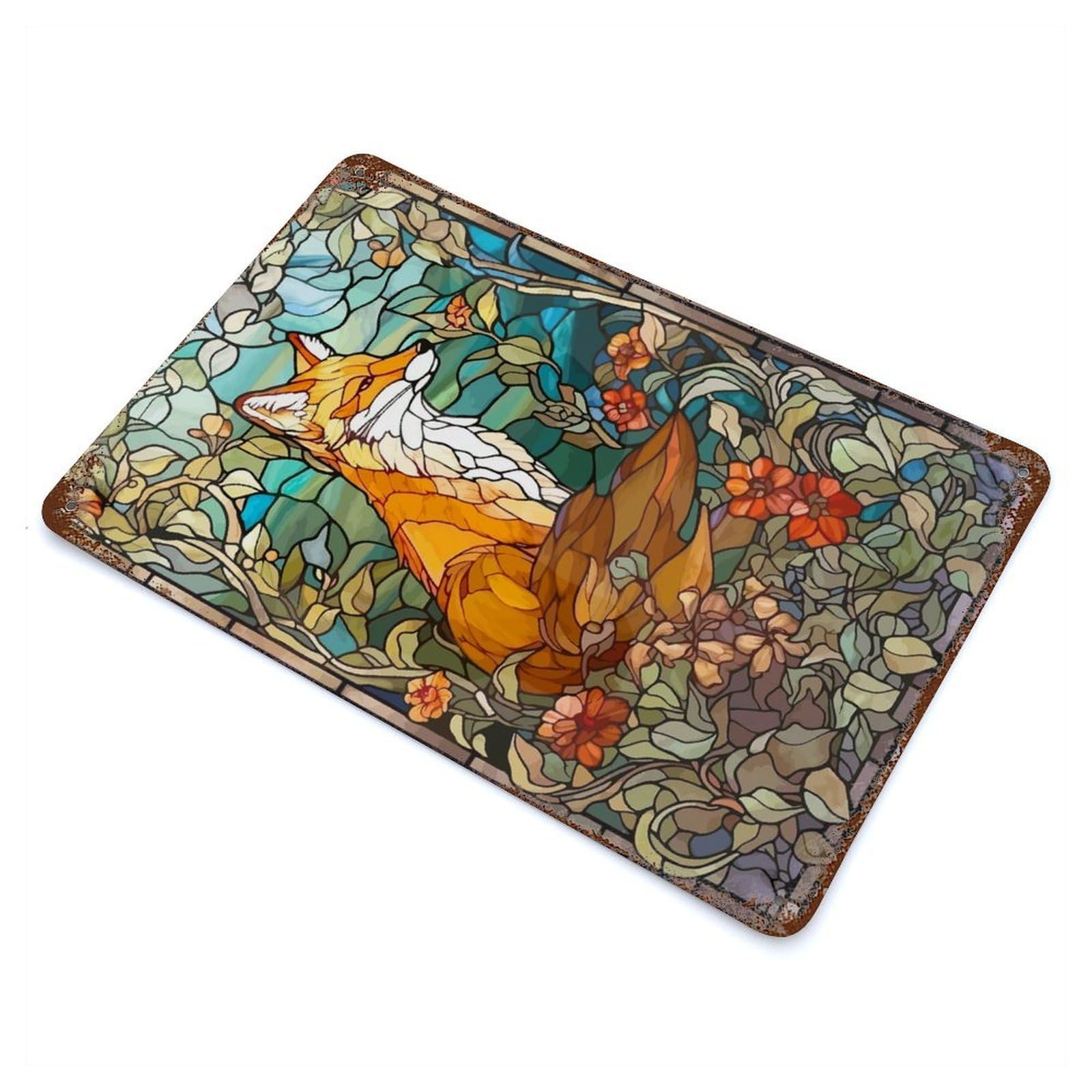 Rust Effect Tin Sign Stained Glass Fox 11.8"x7.9", Vintage Wall Decor for Basement, Hobby Room And Garage Decor