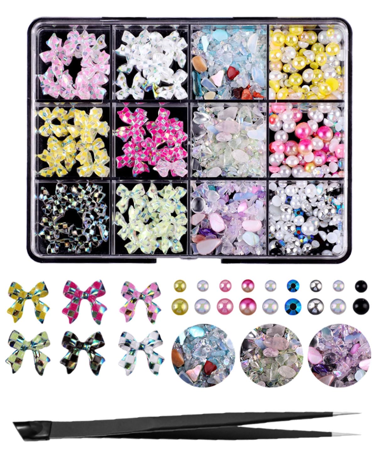 500pz Fiocchi per Unghie 3D, Charm Unghie Fiocco Cuore d'amore Fiore Ciondoli per Unghie con Perle Resina Decorazioni per Unghie con Strumento di Raccolta per Donne Ragazze,fiocco,perle,mica