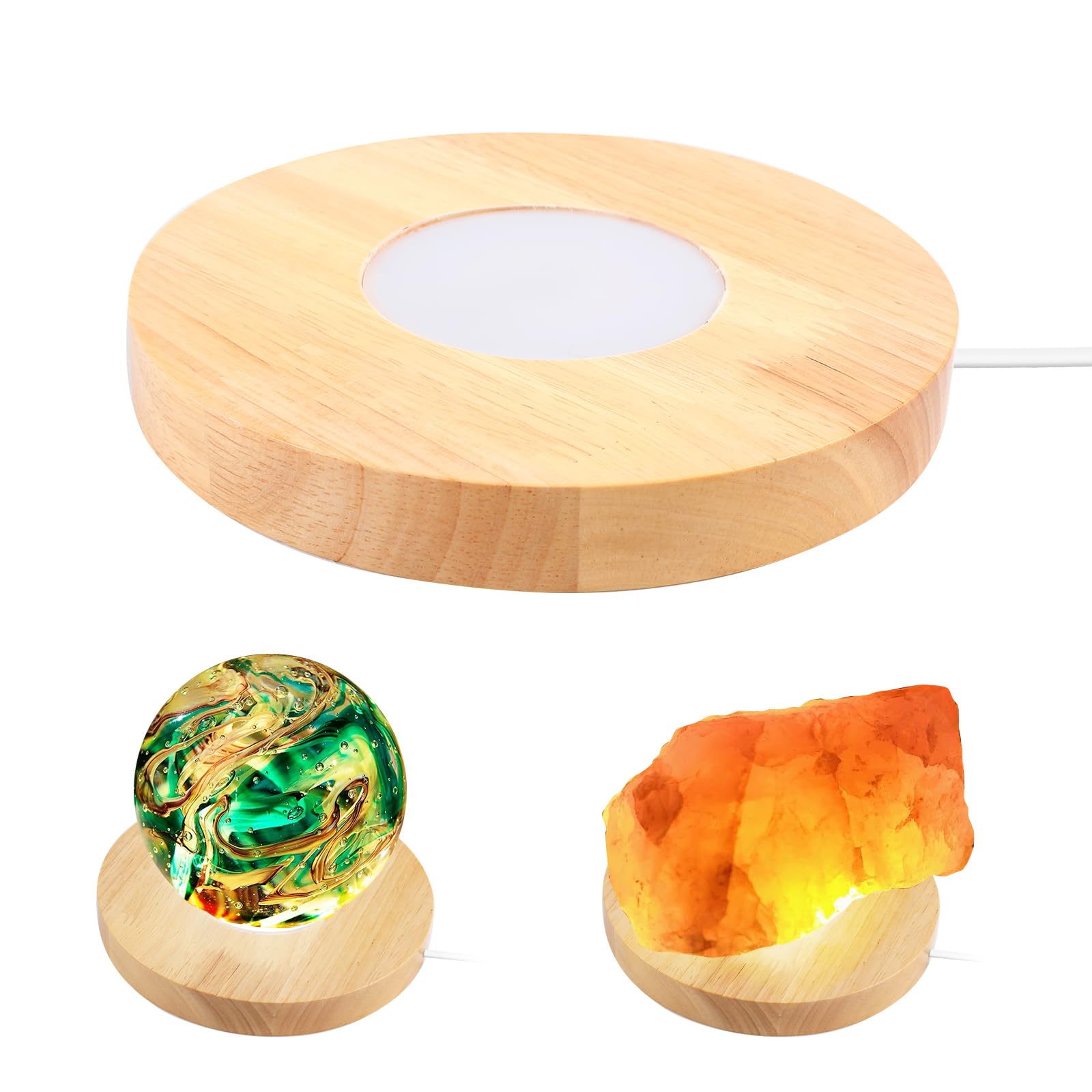 JOJOCY Wooden LED Lights Base, Warm Color Round Wood Display Stand 3 Light Modes with 3-Level Dimming for 3D Crystal Glass Resin Acrylic Art (15cm Yellow)