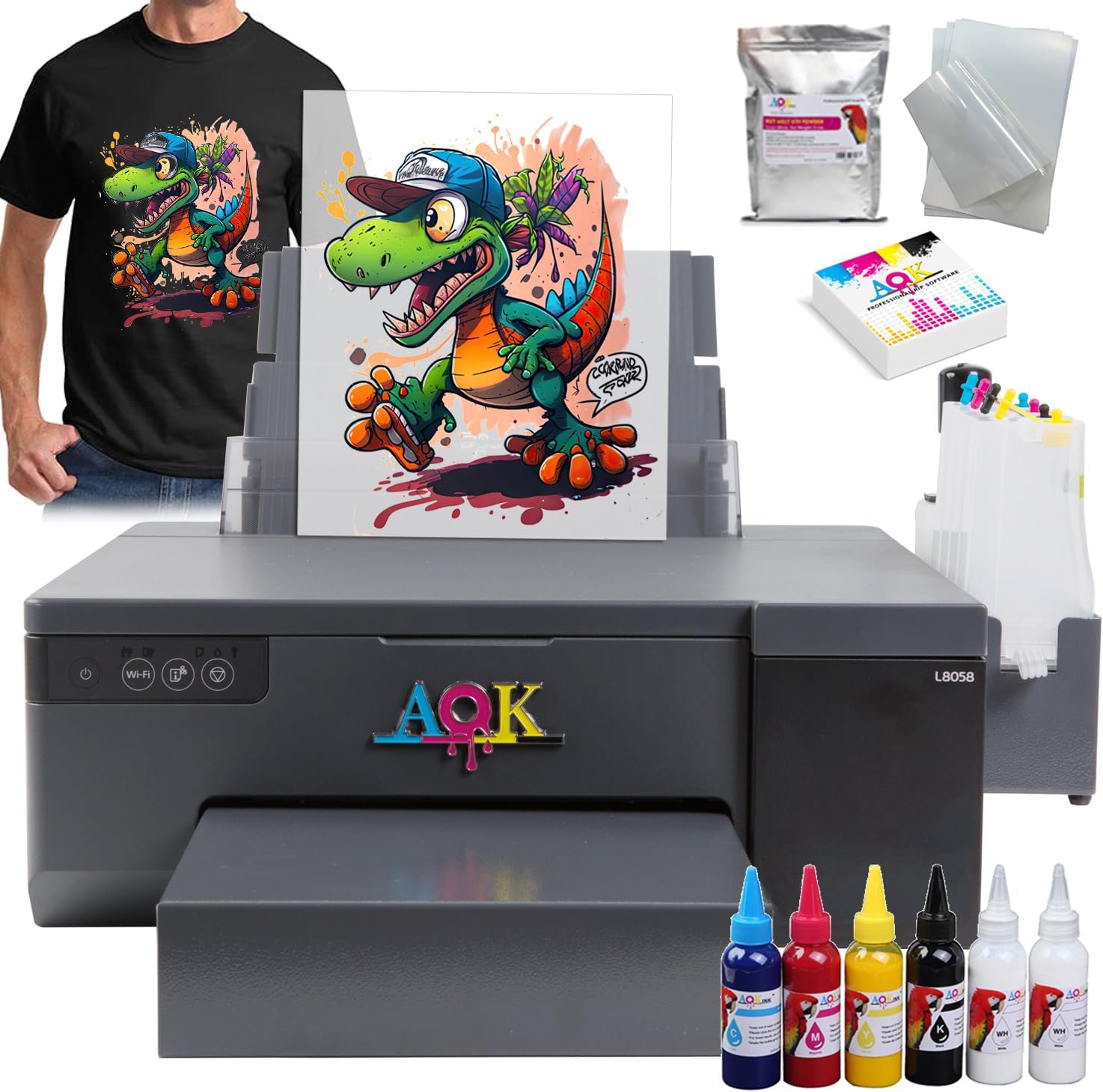 AOK L8058 A4 Size DTF Printer 8.3 inch High Efficiency DTF Printer with xp 500 Print Head Timed White Ink Stirring System for T-Shirt Clothes