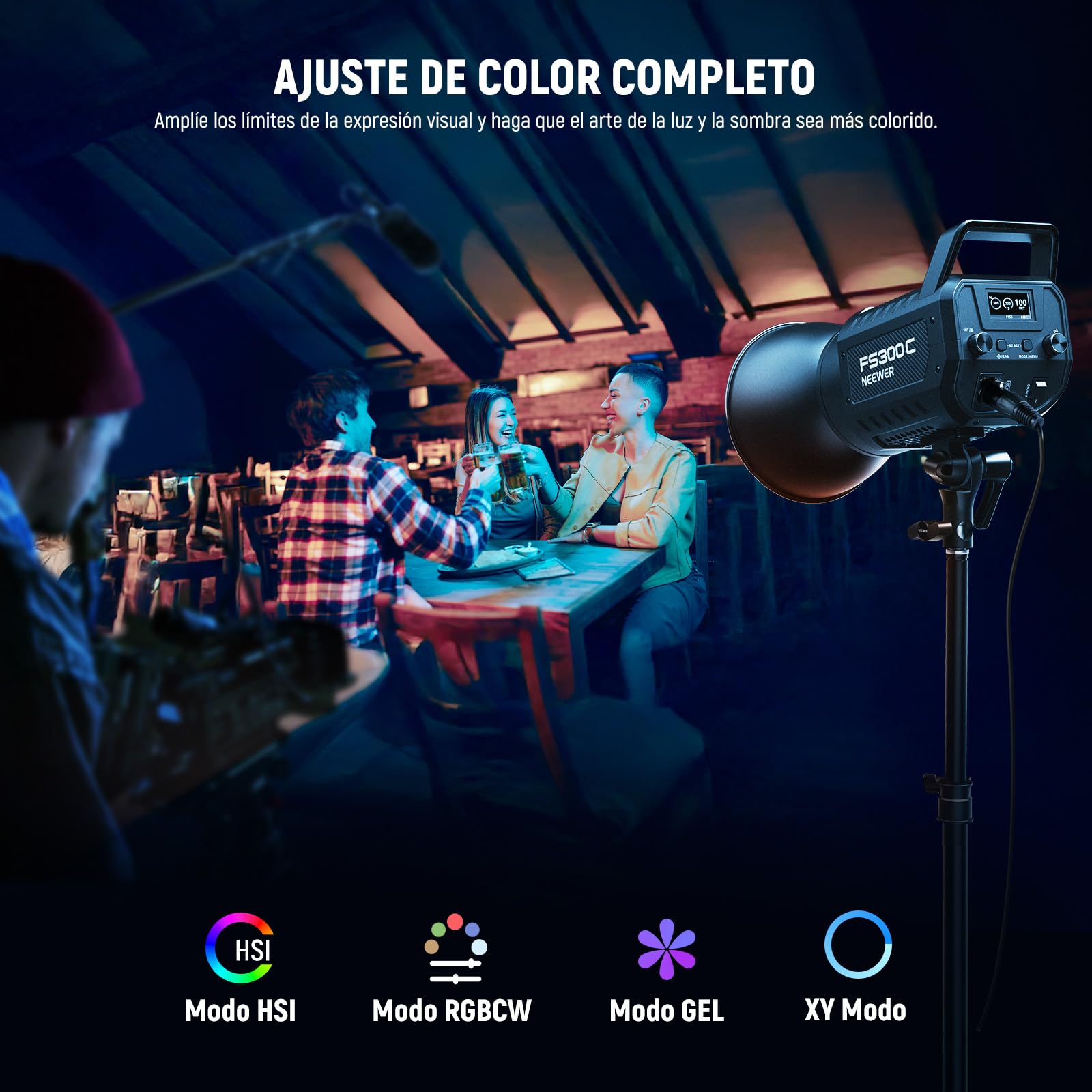 NEEWER 300W RGB Luz Vídeo LED App/2.4G Control 17 Efecto 2500-7500K 29000lux/1m COB Iluminación Salida Continua CRI95+/TLCI97+ 4 Curvas Atenuación Foco Bowens Mount para Fotografía de Estudio,FS300C