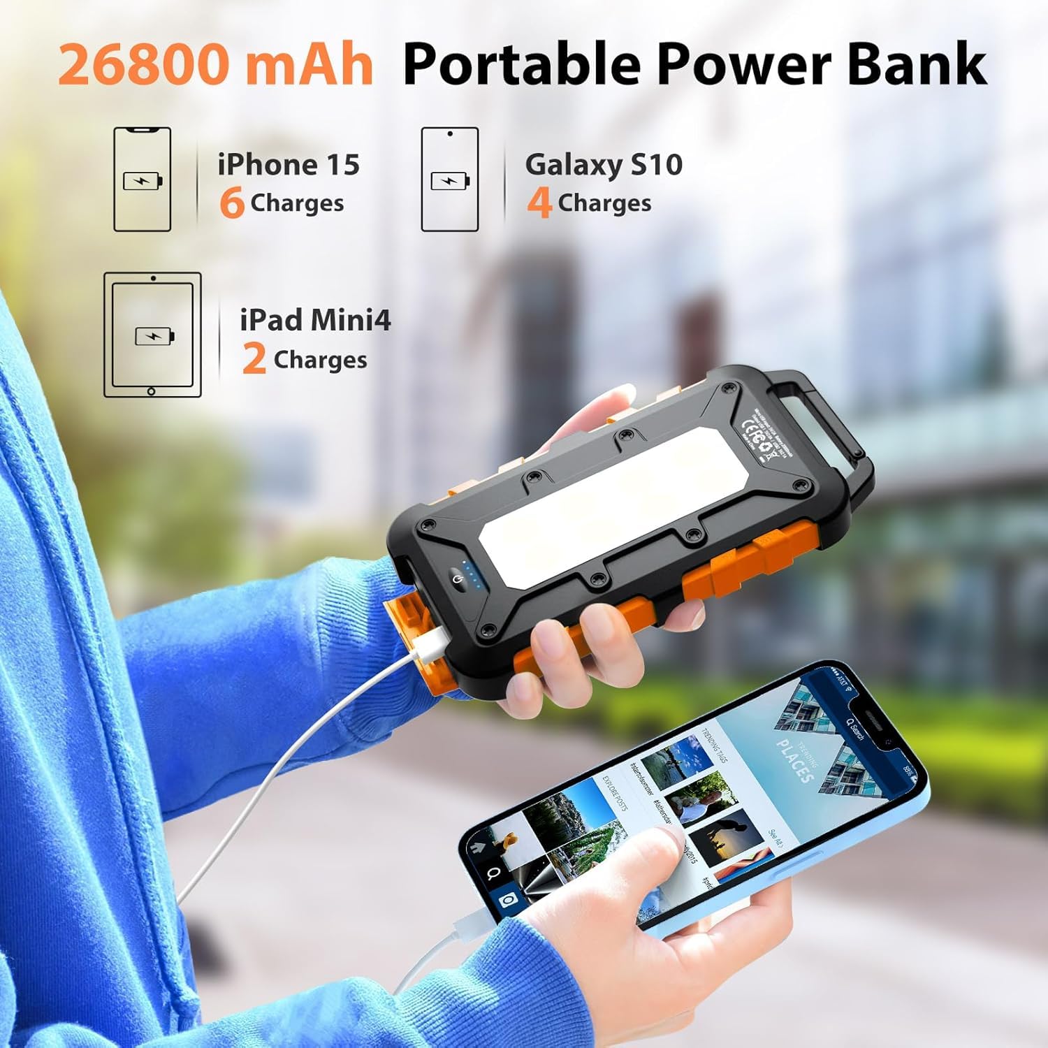 Power Bank 20000mAh Con Pannello Solare E Manovella: Impermeabile, Torcia, Per Campeggio E Emergenze