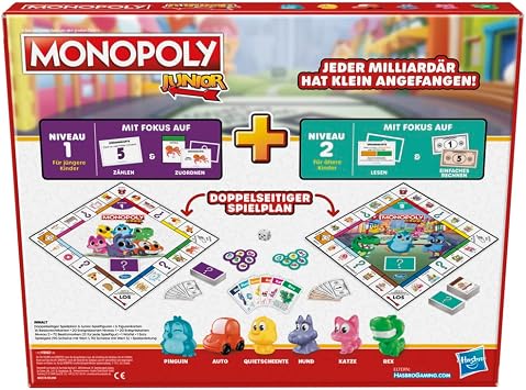 Hasbro Monopoly Junior 2-Sided Game Plan 2 Games in One Monopoly Game for Younger Children Children's Game Junior Game