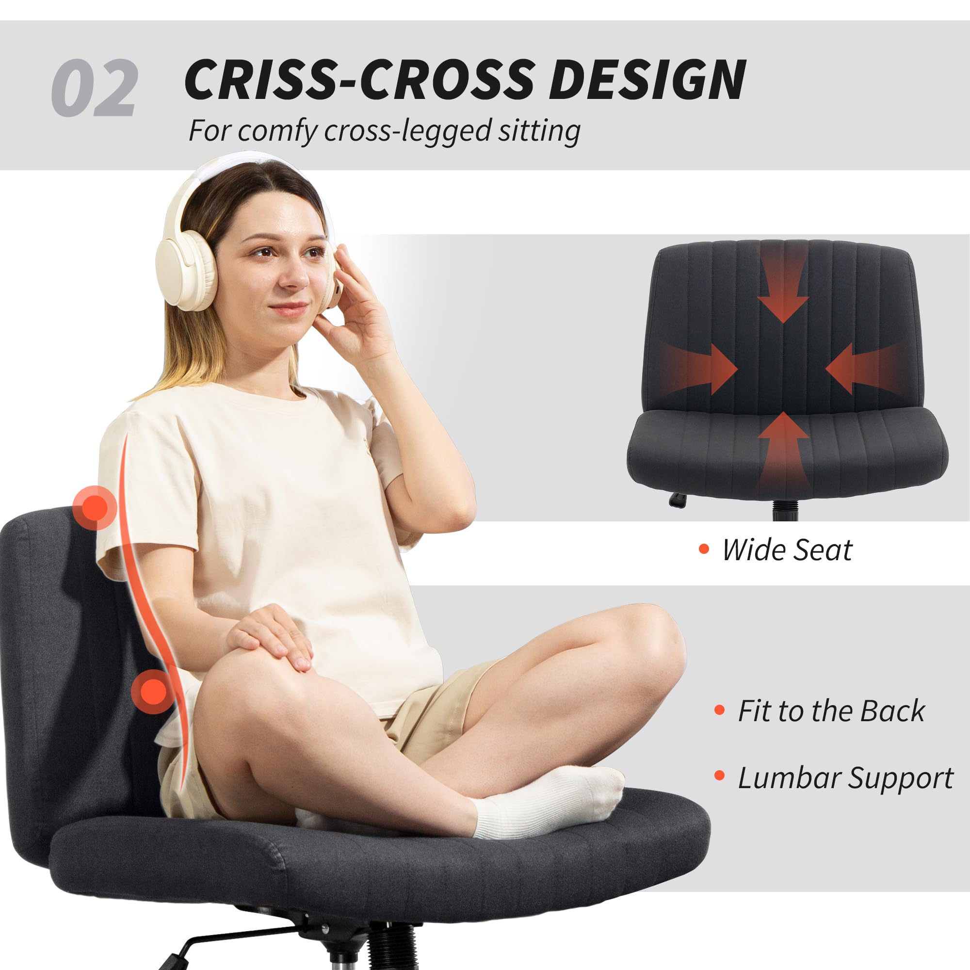 HOMCOM Silla Oficina sin Brazos ni Ruedas Lino Asiento Ancho Negro | Silla escritorio patas cruzadas, acolchado grueso, función mecedora, altura ajustable, asiento giratorio hogar