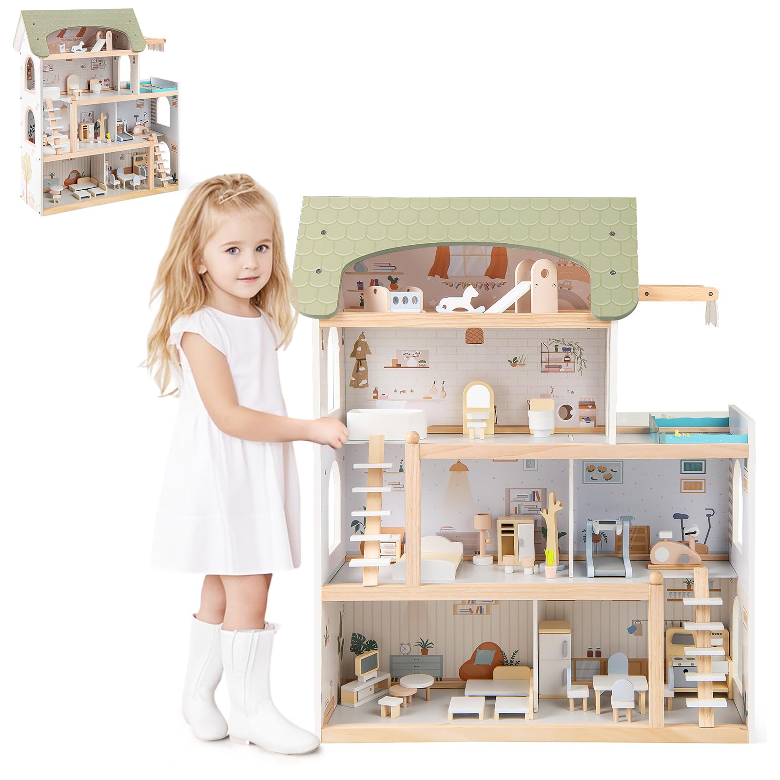 HOMASIS Casa de Muñecas de Madera con Muebles y Accesorios Completos, Casa de Muñecas con 3 Plantas y Muchas Habitaciones, Juego de Simulación para Niños de 3+ Años (Estilo 2)
