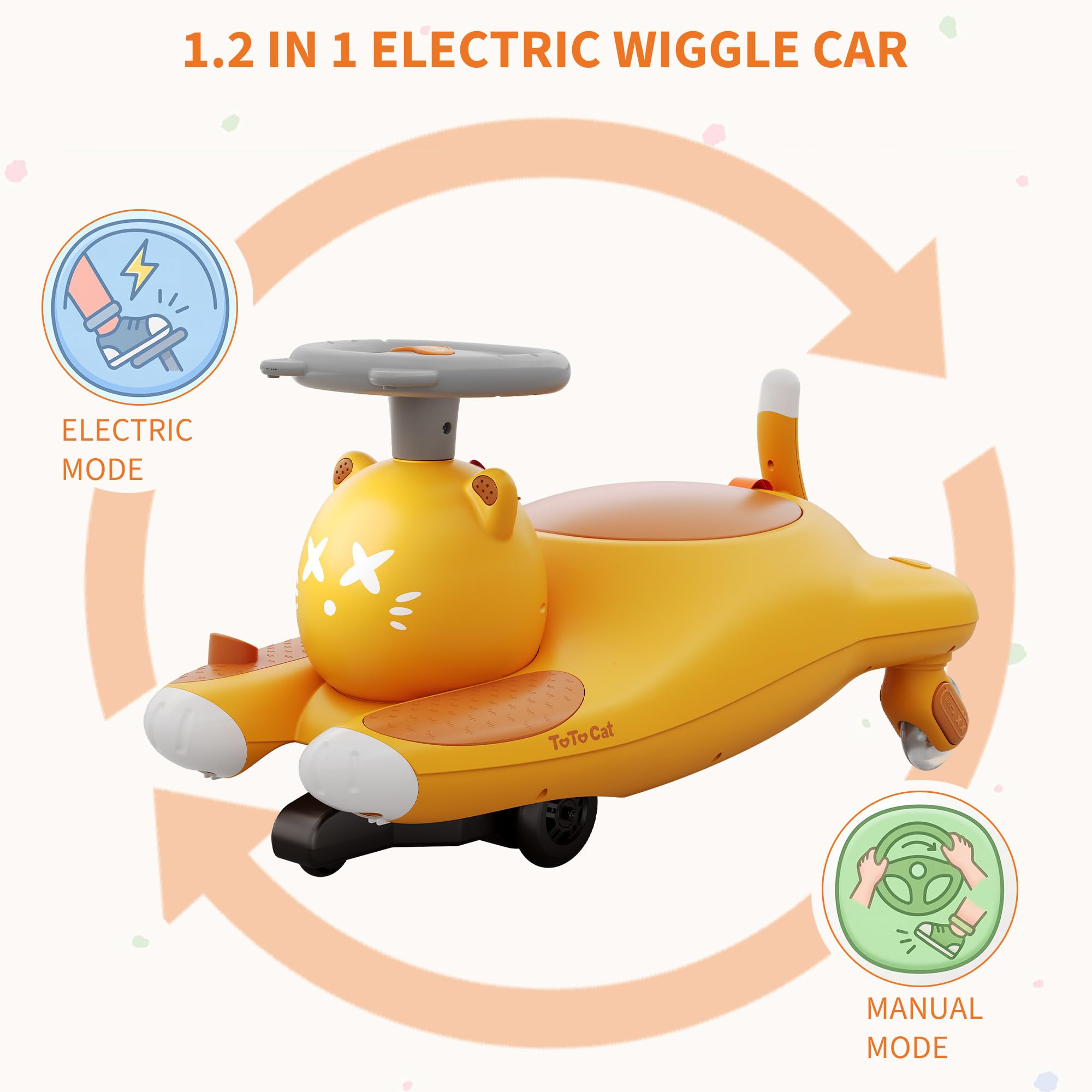 2-en-1 Voiture électrique Enfant 6V Type Wiggle Car à pédales - Moteur 45W - 2 Vitesses - Direction 360° - 2 Places - Roues LED + Musique sans Fil - Couleur : Marron (Standard UE)