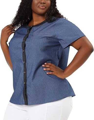 Round Neck Denim Chambray Shirt Tops 