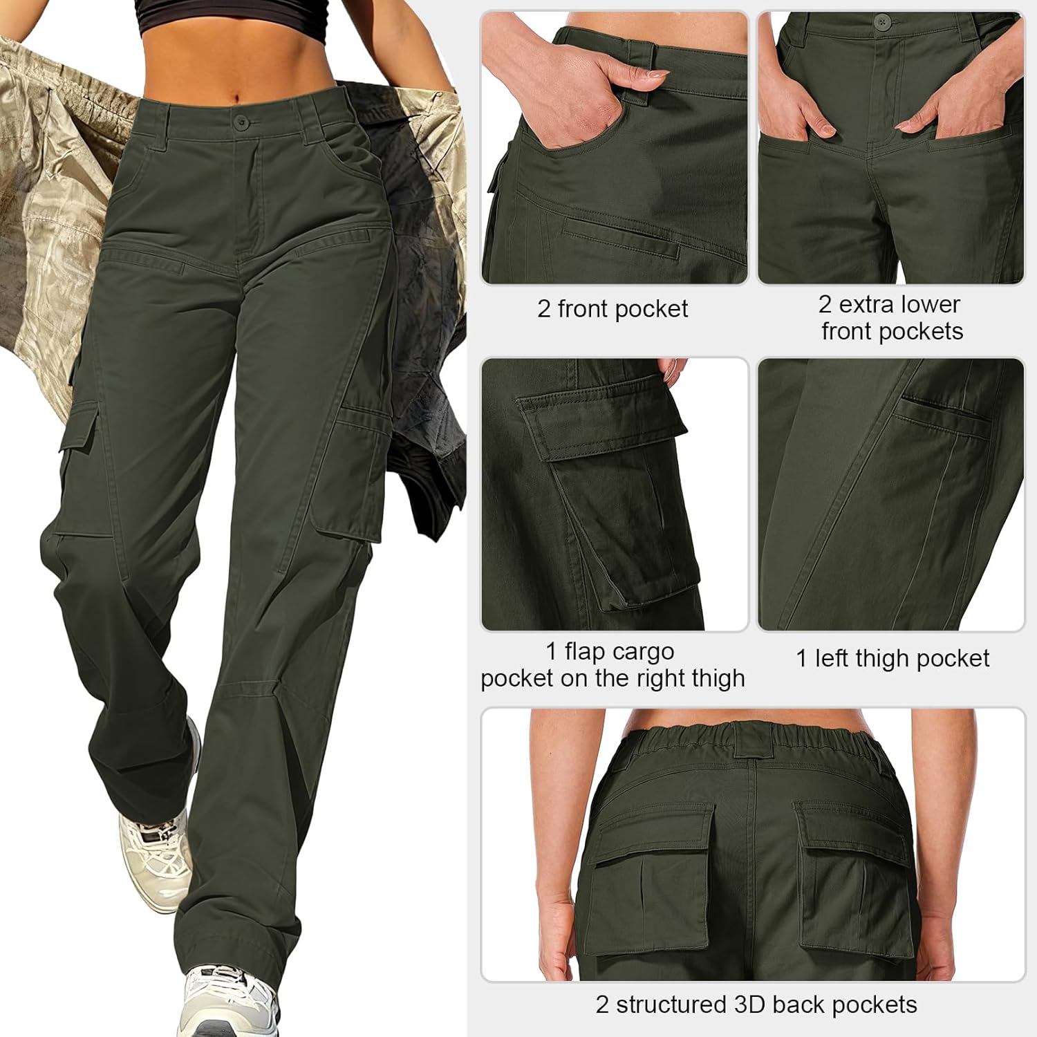 Alfiudad Women's High Waisted Cargo Pants Cotton y2k Baggy Stretchy Streetwear with 8 Pockets Casual Work Hiking Pants