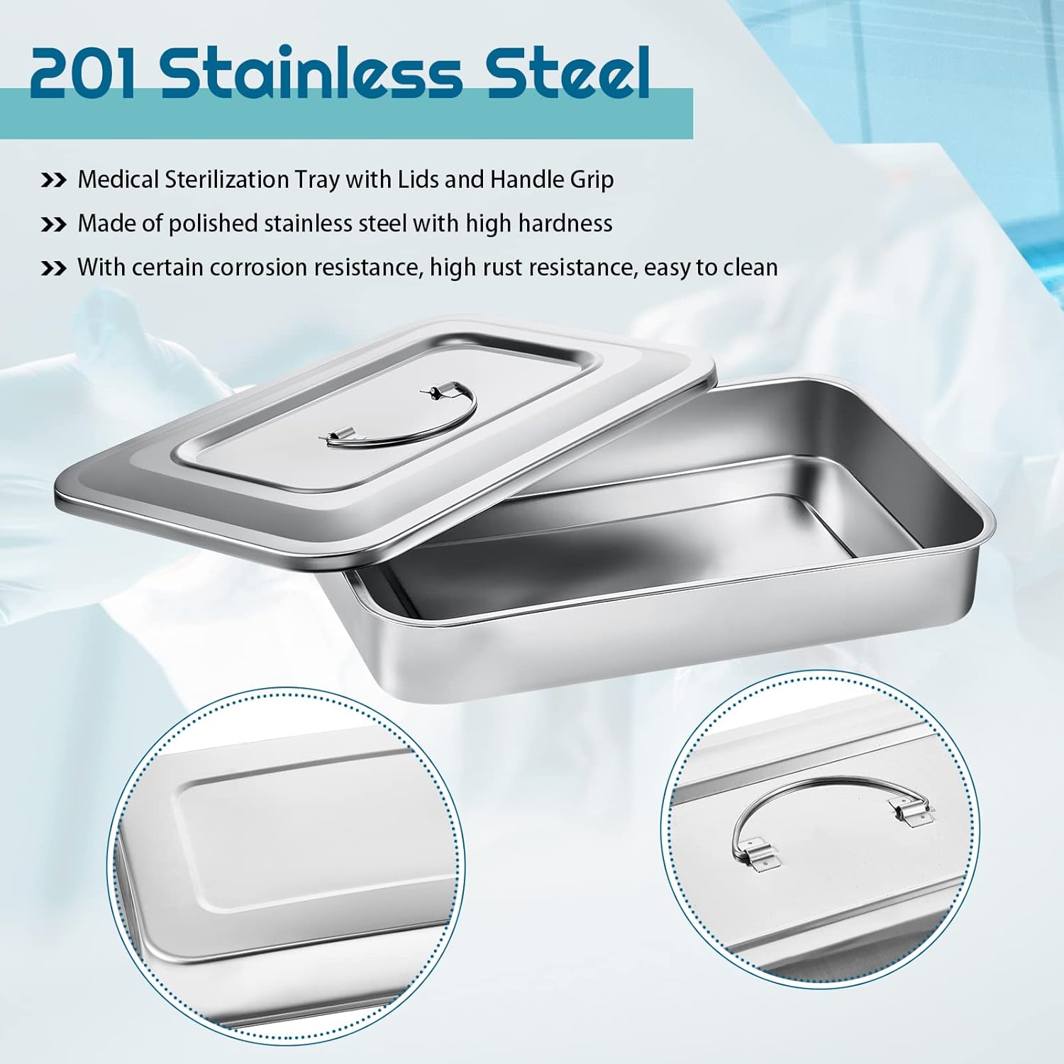 Fabbay Medical Surgical Trays 201 Stainless Steel Tray Dental Instruments Organizer Holder Sterilized Metal Box with Lid and Handle Grip for Medical Surgical Dental Instruments(12 Inch)