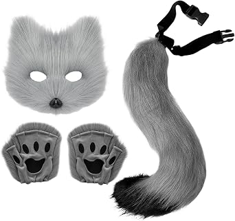 Cat Fox Wolf Tail, 4Pcs Furry Fox Tail, Therian Mask and Paw Gloves Costume Set for Women, Faux Fur Animals Costumes Accessories for Halloween Party Cosplay Dress Up, Grey Black