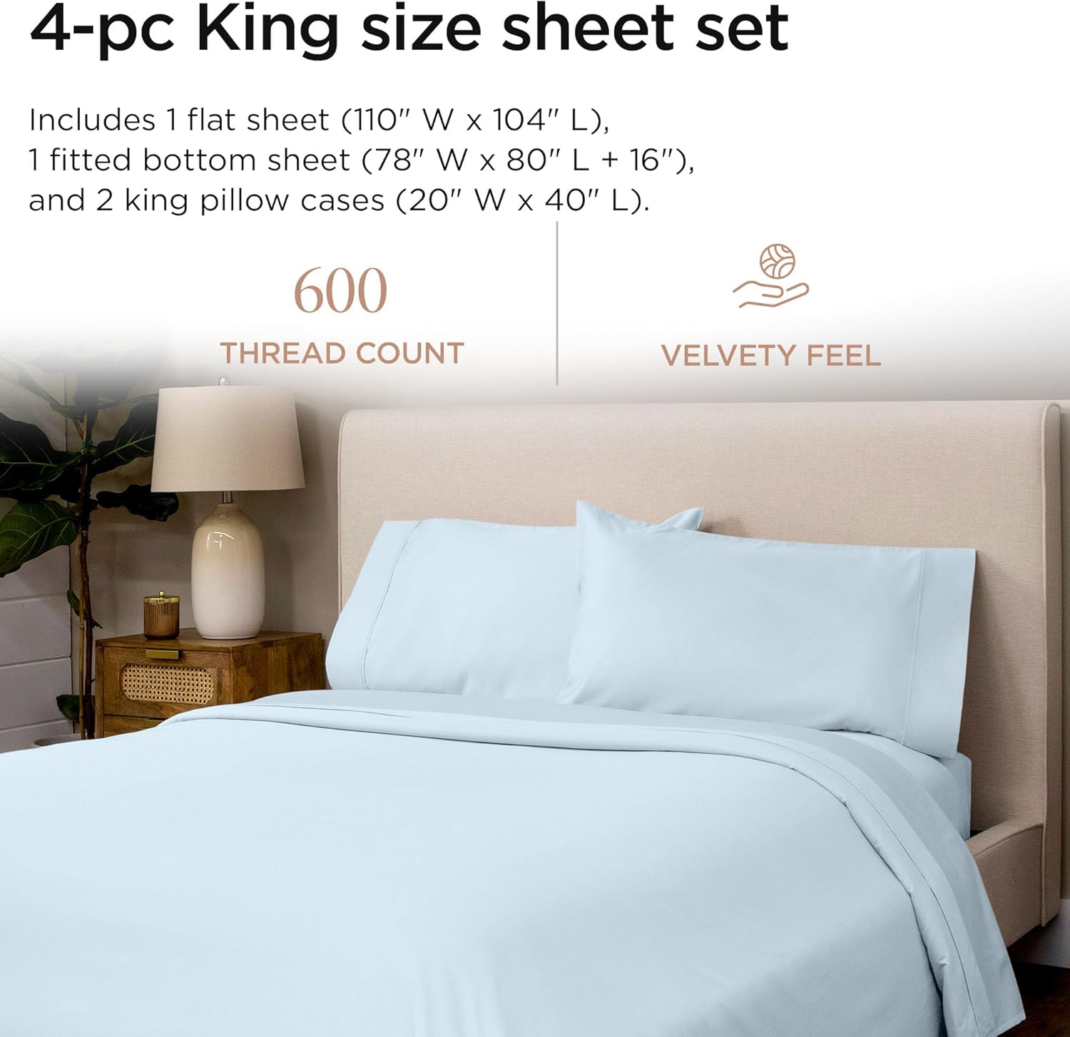 Threadmill 100% Cotton Sheets for King Size Bed - 600 Thread Count King Bed Sheets Set with 16” Deep Pocket - Sateen Weave 4-Piece Bedding Set with Cooling Effect, Blue - Image 2