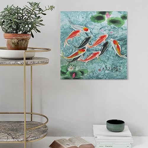 Vista 4 de Pintura tradicional china sobre lienzo, impresiones artísticas de peces koi para decoración de pared, póster de lienzo para decoración de pared