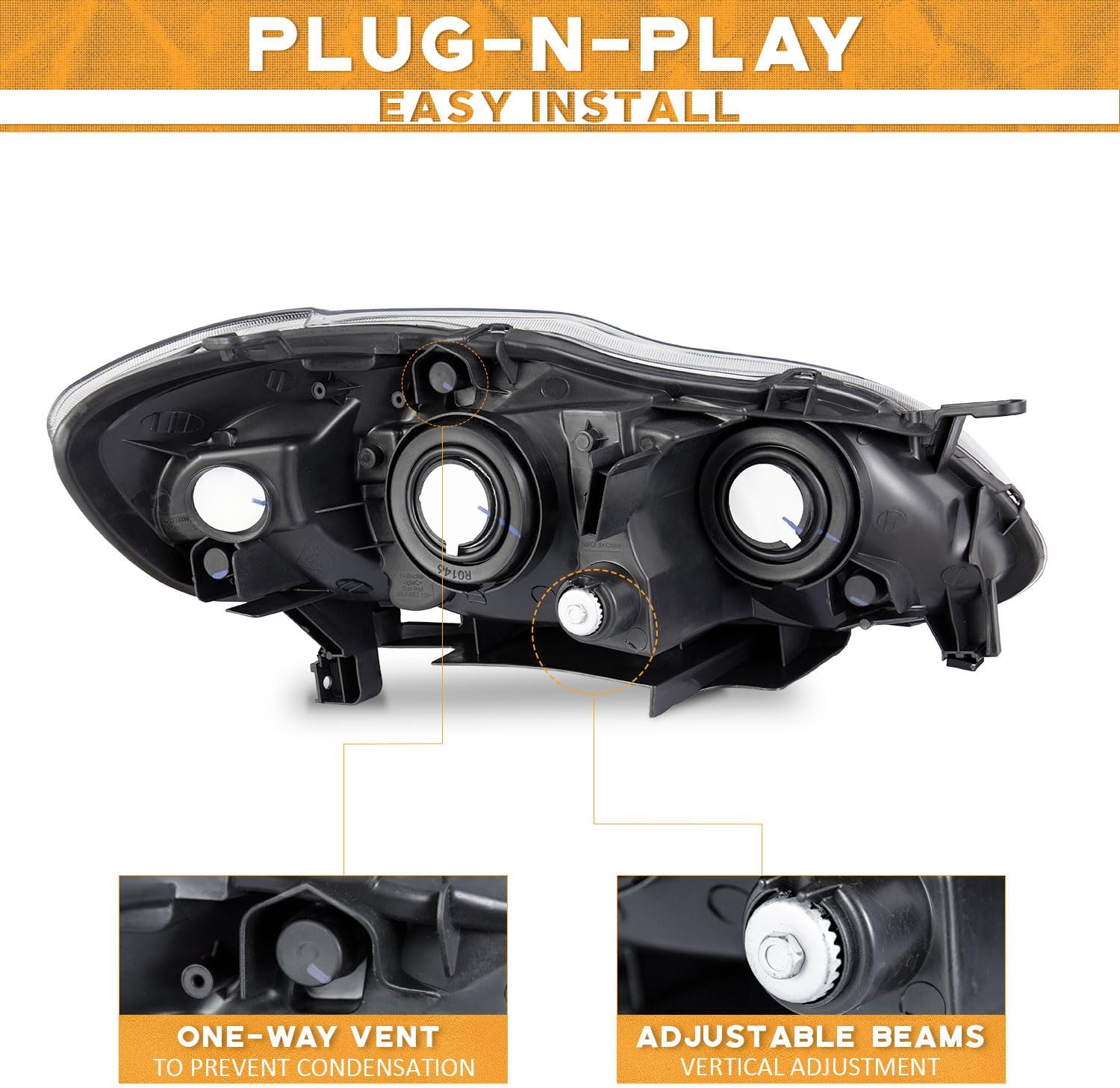 WEELMOTO Headlights for 2003-2008 Toyota Corolla, Chrome Housing Amber Reflector Left+Right Side