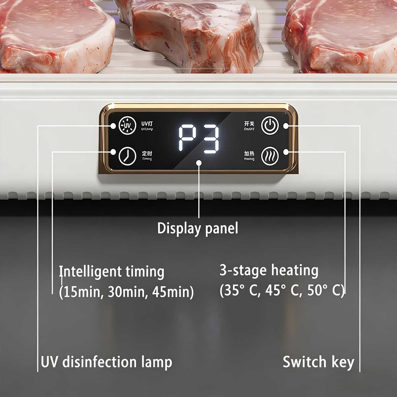 Vassoio per sbrinamento carne da 8 litri con calore circolante a 360°, controllo della temperatura a 3 livelli, scongelamento rapido 3D per carne, frutti di mare e verdure, cucina di casa