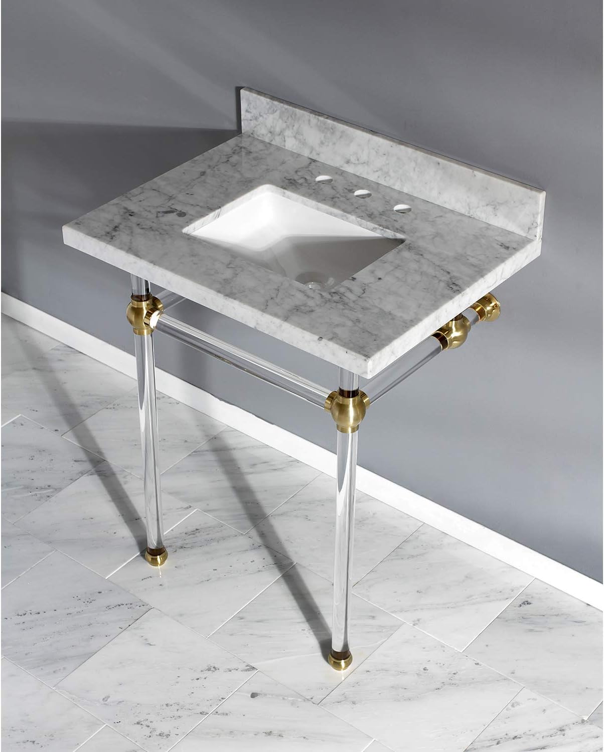 Kingston Brass KVPB30MASQ7 30X22 Carrara Marble Vanity with Sink and Acrylic Feet Combo, Carrara Marble/Brushed Brass