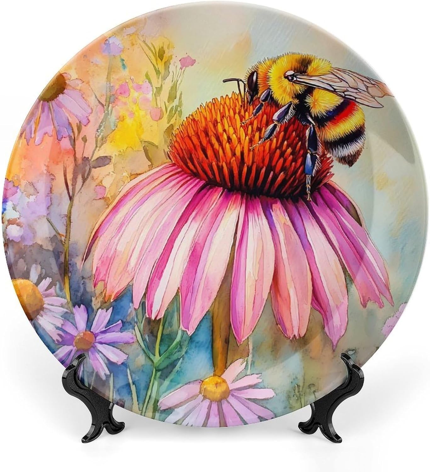 Bee Flowers Bone China Decorative Plate with Stand Home Dessert Plates Gift for Men Women 7inch