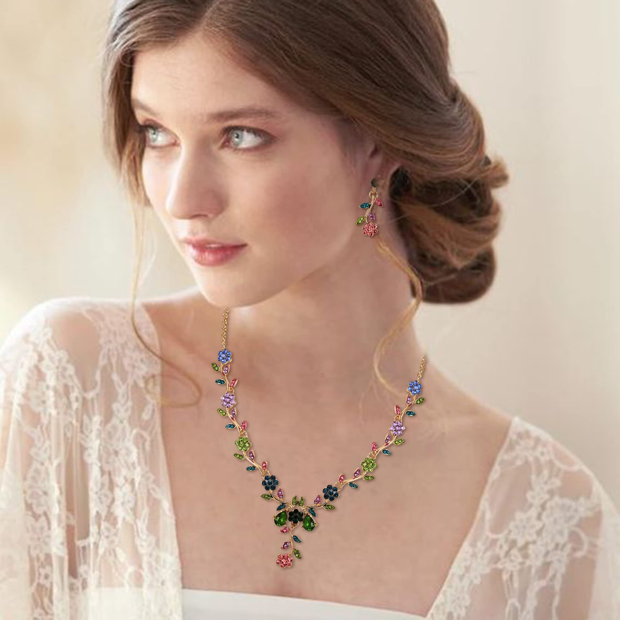 Damen Hochzeit Schmuck Set Blatt Cluster Blume Kristall Anhänger Halskette baumeln Ohrringe für Braut