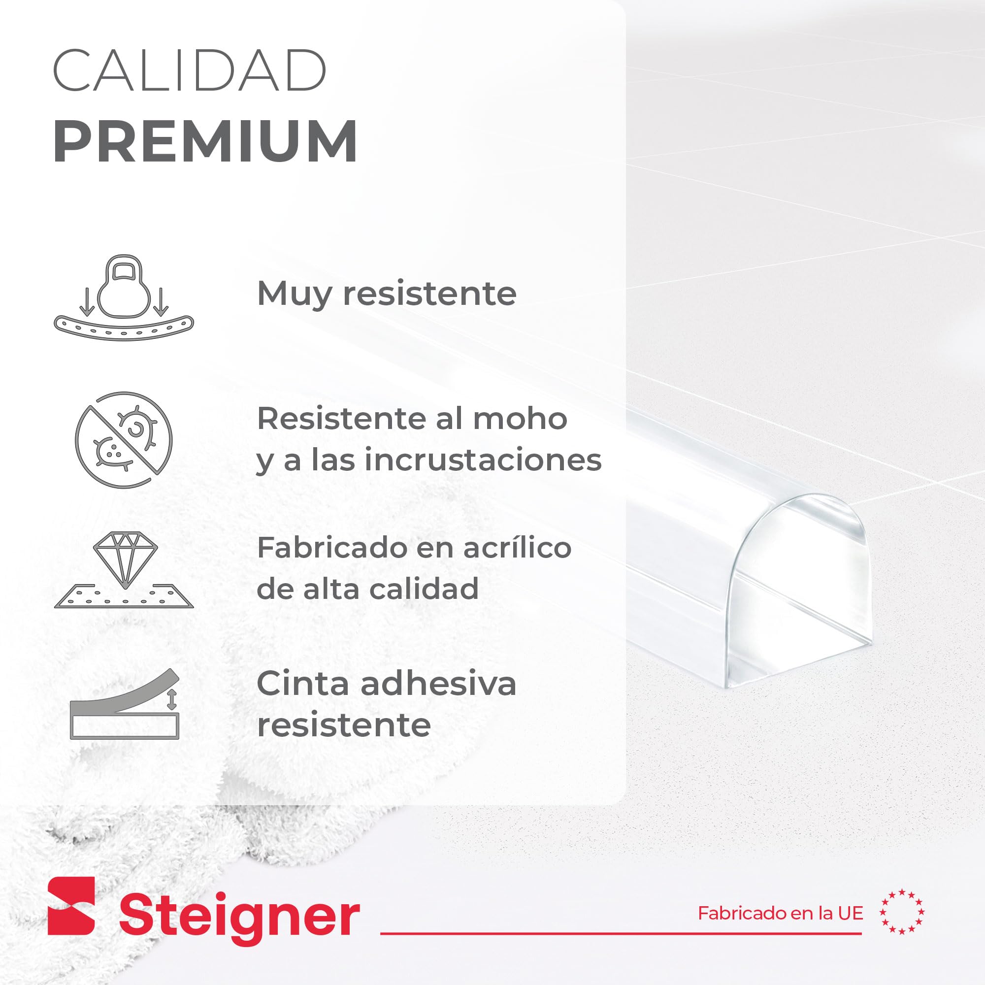 Barra semicircular acrílica autoadhesiva STEIGNER de 10 mm y 160 cm | Deflector de agua, perfil antideslizamiento, para cabinas de ducha, duchas de cristal y duchas a ras de suelo tipo walk-in