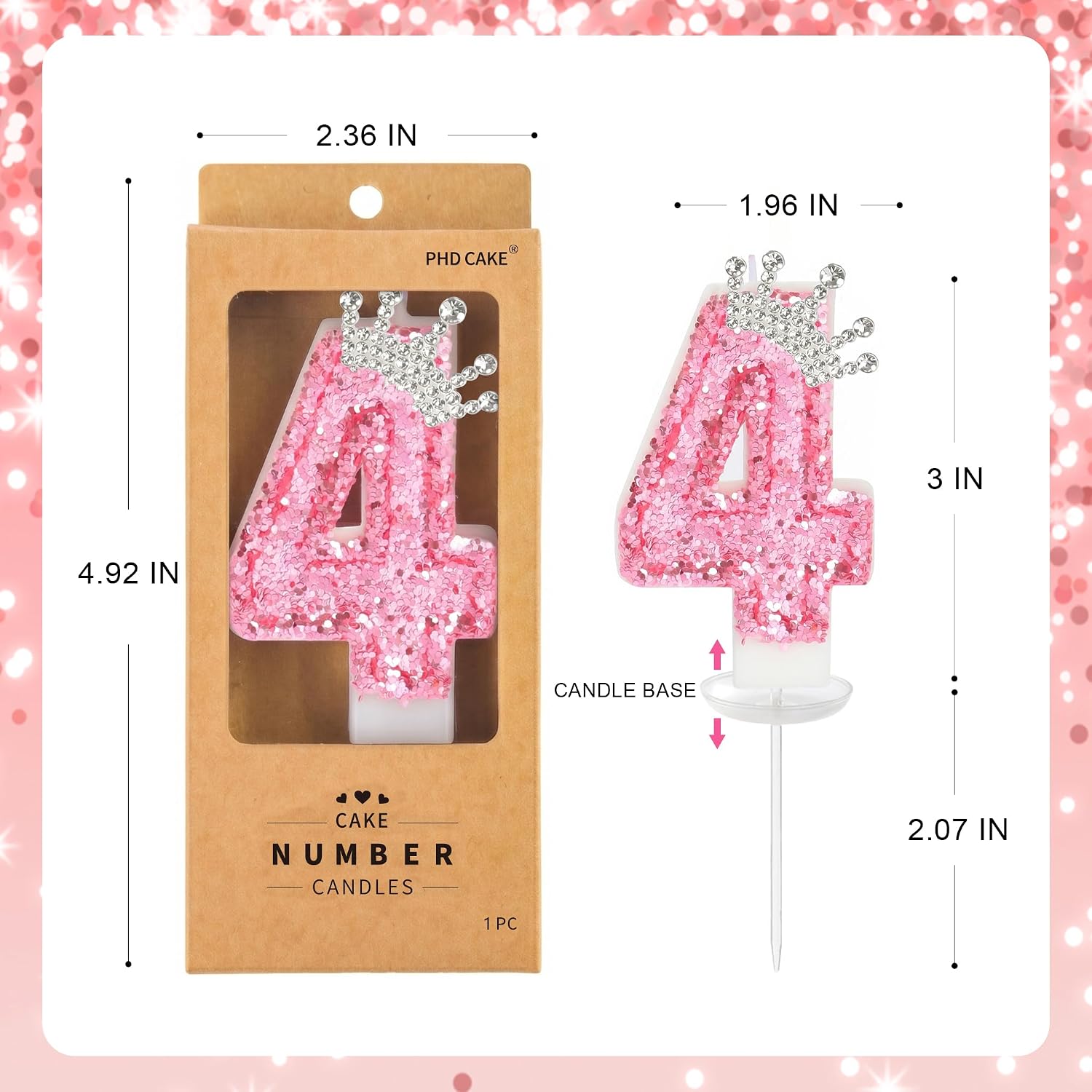 PHD CAKE Birthday Number Candles,Pink Crown Birthday Candles for Cake,Glitter Number 4 Candle Cake Topper with Sequins for Girls,Women, Anniversary Celebrations Supplies