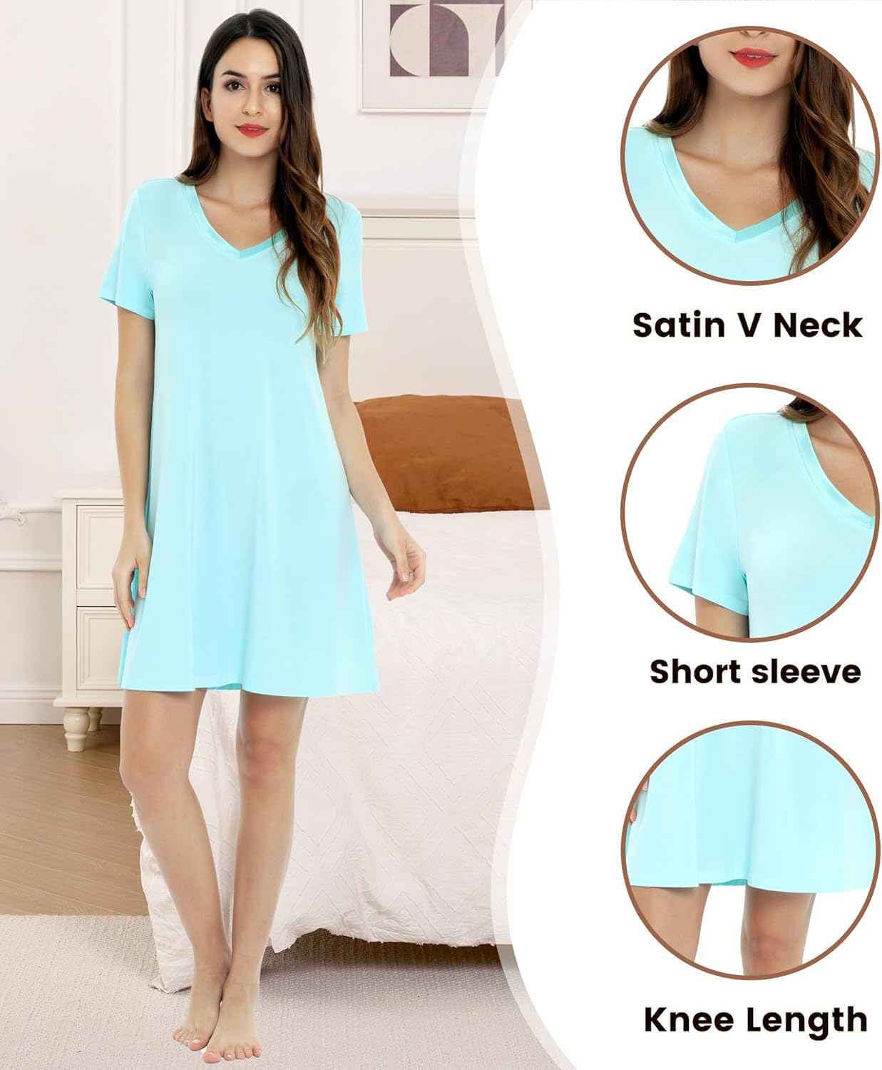 NACHILA Nightgowns for Women-Viscose Made from Bamboo, Soft Sleepshirts Short Sleeve Nightshirts Loose Sleepwear - Image 3