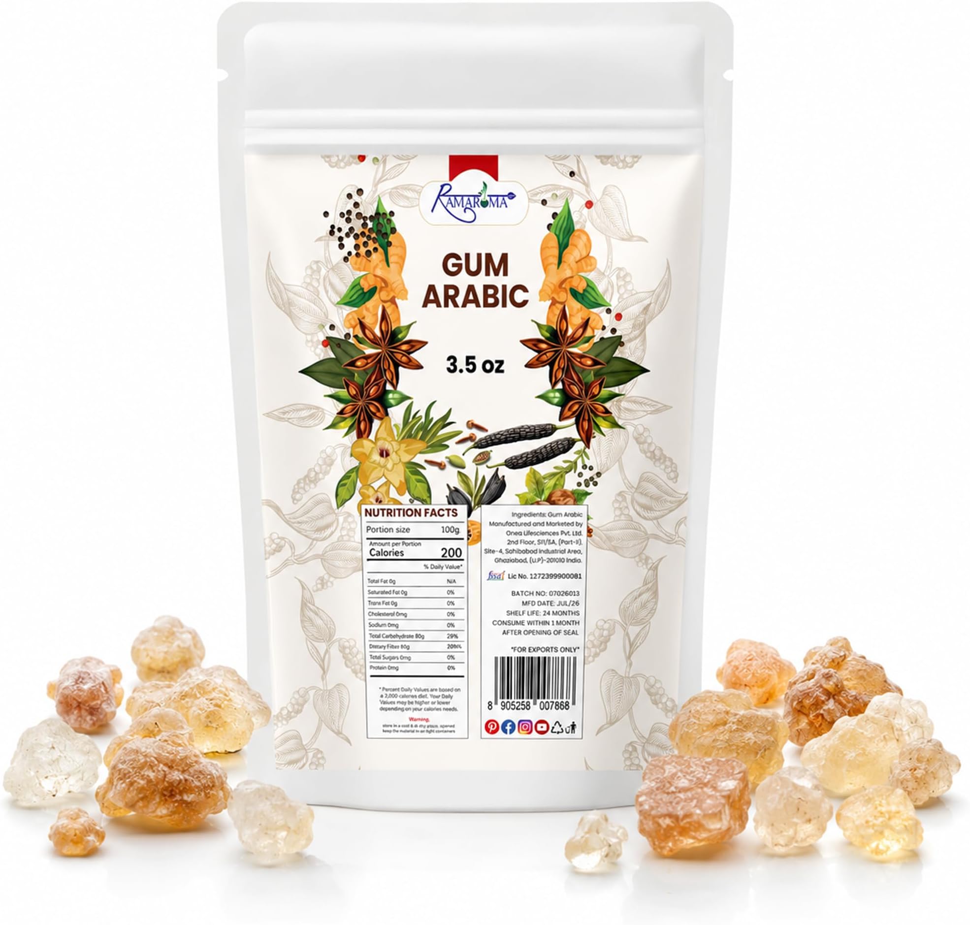 Indian Gum Arabic Tree Acacia Fiber Gum Organic (Babool), Indian Gum, Acacia Fiber Gum Pure Organic, All Natural, Salt-Free | Vegan | No Colors | Gluten Friendly | NON-GMO, 3.5oz (100g)