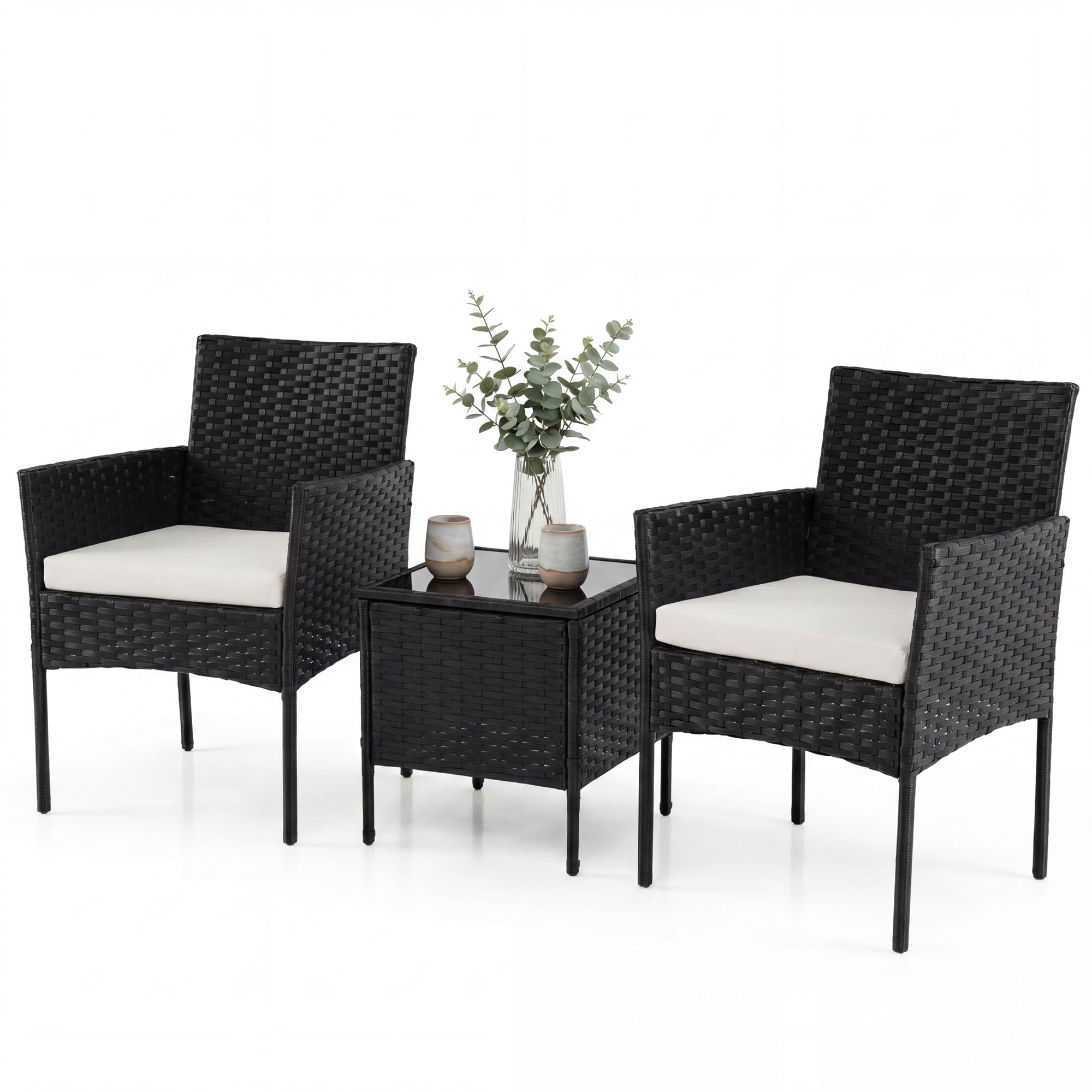 LIFEZEAL - Juego de muebles de jardín de ratán de 2 plazas, salón de jardín al aire libre con 2 sillones, cojines extraíbles, mesa baja de cristal templado para terraza, patio (beige)