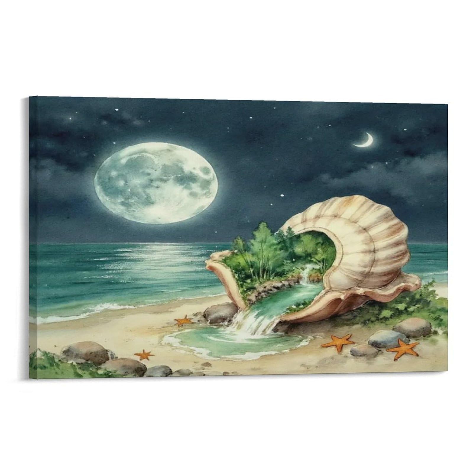 CPLVKWRQJ Seashell World with Sakura And Temples Single Piece Seashell Garden Beside Calm Moonlit Ocean Canvas Wall Decor - Kitchen Removable Wall Art Multi-Purpose Ready to Hang 20x30inch(50x75cm)