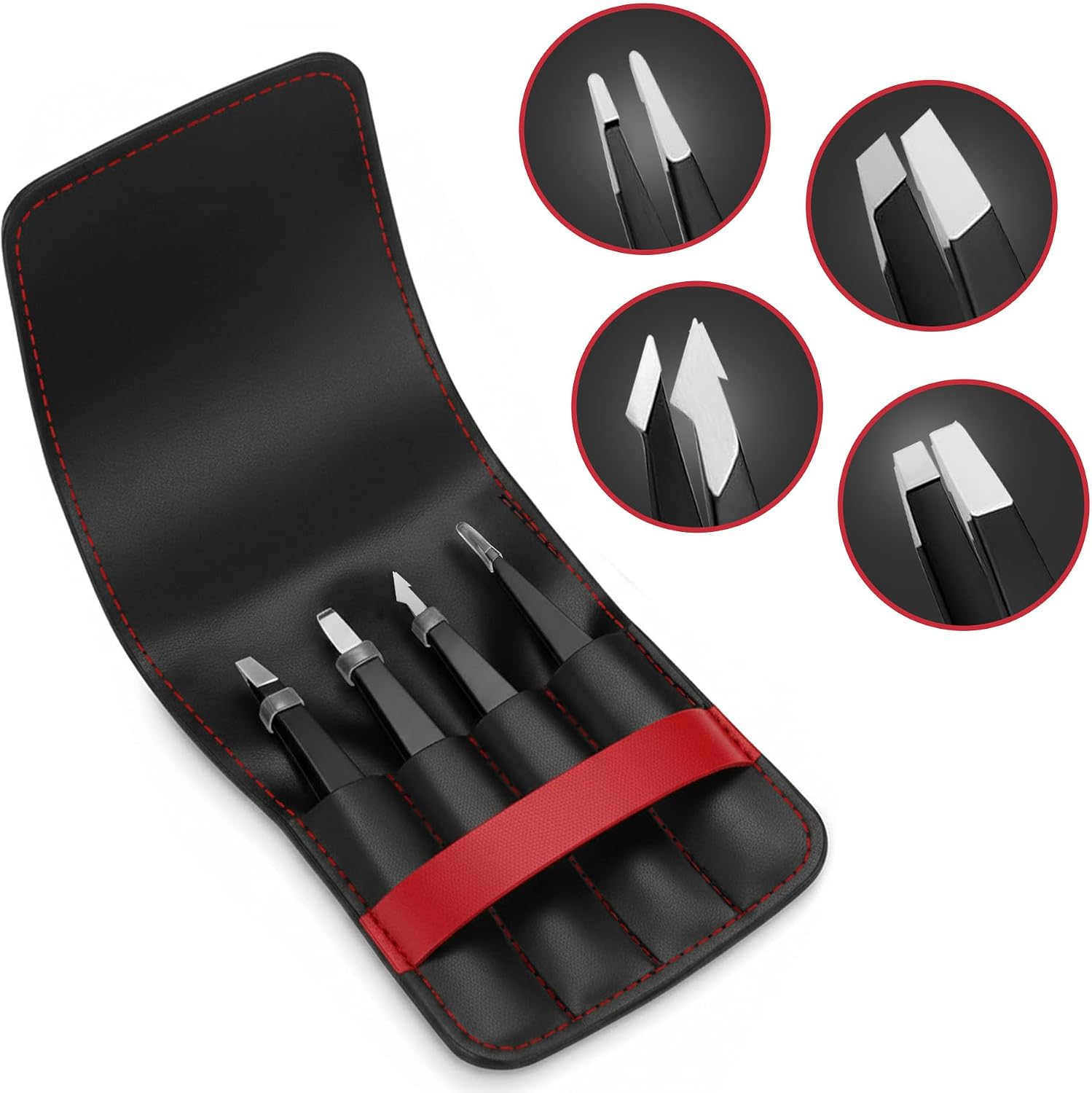Professional 4-in-1 Stainless Steel Tweezers Set with Case – Slant, Pointed, Pointed Slant & Classic Tips for Eyebrows, Facial Hair, Splinters & Ingrown Hair Removal Travel Kit