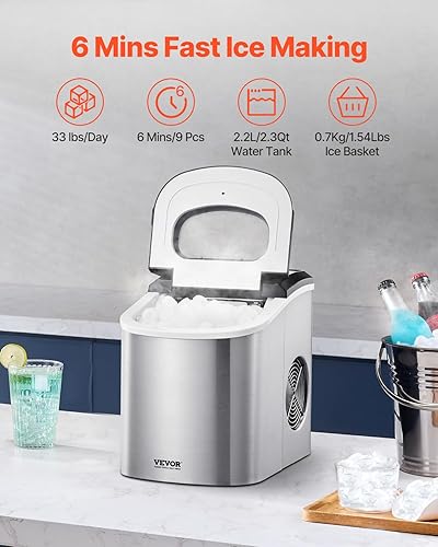 Vista 14 de VEVOR Máquina de hielo para encimera, 9 cubos listos en 6 minutos, 26 libras en 24 horas, máquina de hielo portátil autolimpiante con cuchara