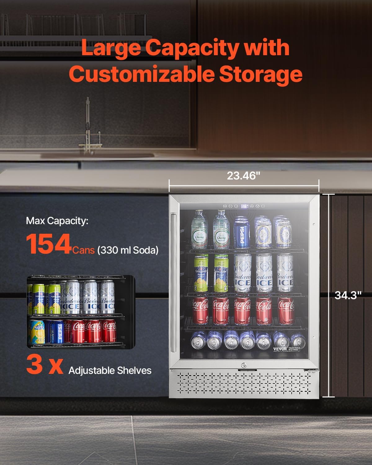 VEVOR Beverage Refrigerator Cooler, 154 Can Beverage Fridge, Mini Fridge with Glass Door, Adjustable Shelves, Digital Temperature Control, Built-in & Freestanding Soda Beer Fridge for Home Office Bar