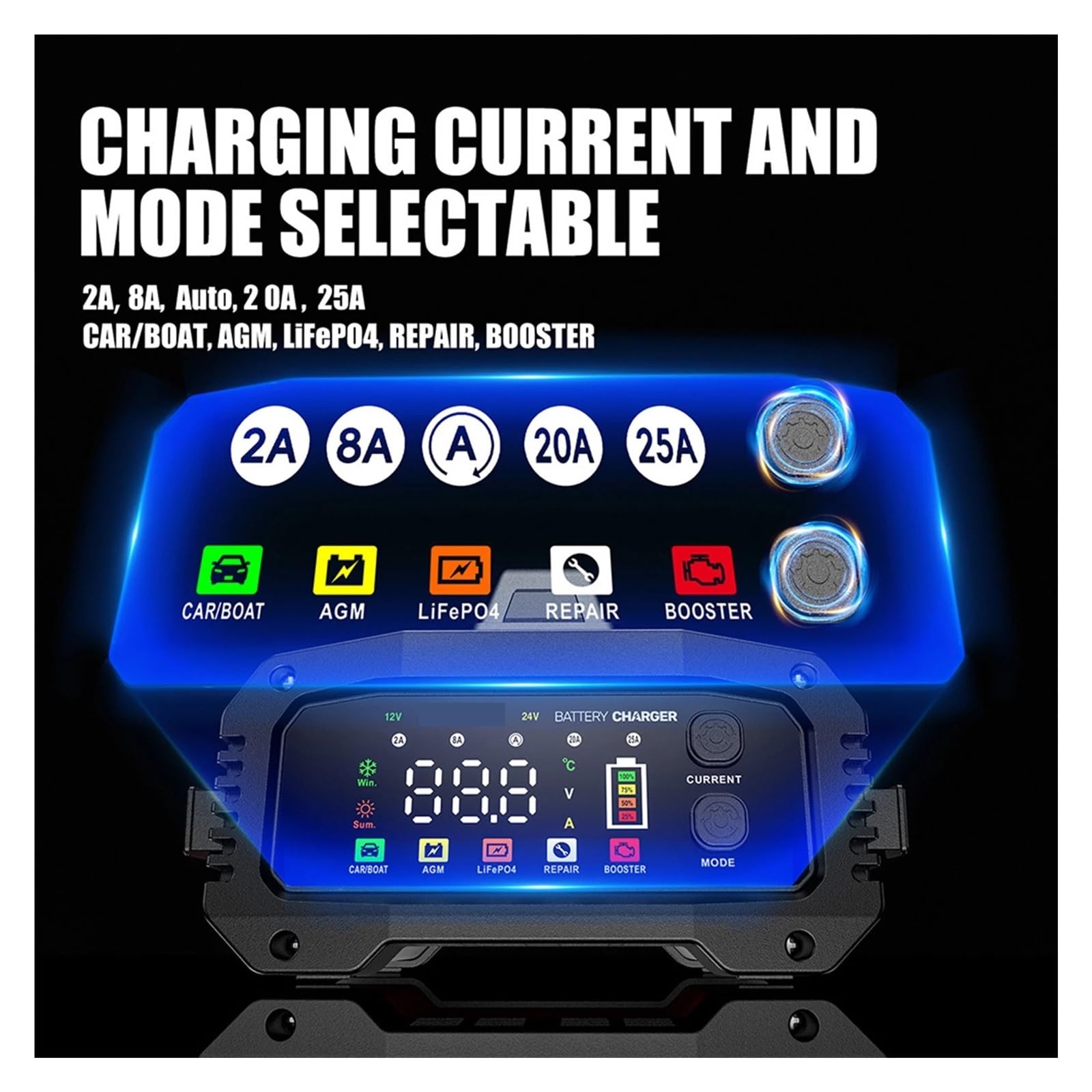 Chargeur De Batterie Voiture Intelligent 25a, 12V/25a, 24V/15a, Portable, Courant Charge en Option, Coque Alliage D'aluminium Affichage NuméRique